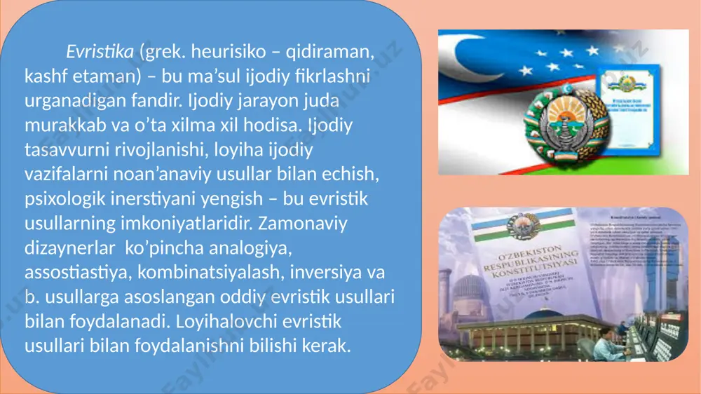 suli - o’xshash vazifani echish va uni echishga xalaqit beradigan ko’rsatkichlarni aniqlash. shunday evristik usul bilan kostyum dizaynerlari doimo foydalangan. bu usul boshqalarni o’xshash g’oyalarni (moda jurnallaridan, ko’rgazmalardan, libos modellari namoyishidan, magazin, butik va bozorlarni qatnashishdan) kiritishdan va ularning fazilatlarini va kamchiliklarini astoidl tahlil etishdan iborat. bu usul o’zgani loyihalash tajribasini qo’llab, murakkab vazifani echishga imkon beradi. “kamchiliklar ro’hati” usulida buyum kamchiliklari batafsil to’liq ro’yxati tuziladi. agar tayyor buyumning sifatini yaxshilash vazifa qo’yilsa, bu usulni qo’llash tavsiya etiladi. ro’yxat kamchiliklarni yo’qotishga yordam beradi. umuman aytganda, dizayner dizayn mahsulot ini ist’emolchisiga aylanib ko’proq surash va savollar berishi kerak. yordamchi savollar usuli psixologik inerstiyani pasytirishga va variantlarni qidirishni tartibga solishga yordam beradi. quyidagi savollar qo’yilishi mumkin: buyumda nimani ayirish, parchalash, kattalash va h.k. mumkin. antropotexnika usuli – odamni fizik imkoniyatlariga mos yangi buyumlarni loyihalash usulidir. xattoki avangard modellarida ham odam tana proporstiyalari, buyumning qo’layligi inobatga olinishi kerak. masalan, chuntaklarni joylanishi foydalanishga qo’lay …