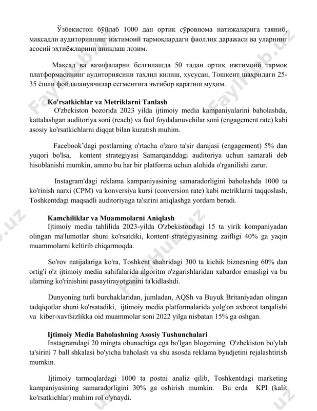 ҳридаги 25-35 ёшли фойдаланувчилар сегментига эътибор қаратиш муҳим. ko'rsatkichlar va metriklarni tanlash o'zbekiston bozorida 2023 yilda ijtimoiy media kampaniyalarini baholashda, kattalashgan auditoriya soni (reach) va faol foydalanuvchilar soni (engagement rate) kabi asosiy ko'rsatkichlarni diqqat bilan kuzatish muhim. facebook’dagi postlarning o'rtacha o'zaro ta'sir darajasi (engagement) 5% dan yuqori bo'lsa, kontent strategiyasi samarqanddagi auditoriya uchun samarali deb hisoblanishi mumkin, ammo bu har bir platforma uchun alohida o'rganilishi zarur. instagram'dagi reklama kampaniyasining samaradorligini baholashda 1000 ta ko'rinish narxi (cpm) va konversiya kursi (conversion rate) kabi metriklarni taqqoslash, toshkentdagi maqsadli auditoriyaga ta'sirini aniqlashga yordam beradi. kamchiliklar va muammolarni aniqlash ijtimoiy media tahlilida 2023-yilda o'zbekistondagi 15 ta yirik kompaniyadan olingan ma'lumotlar shuni ko'rsatdiki, kontent strategiyasining zaifligi 40% ga yaqin muammolarni keltirib chiqarmoqda. so'rov natijalariga ko'ra, toshkent shahridagi 300 ta kichik biznesning 60% dan ortig'i o'z ijtimoiy media sahifalarida algoritm o'zgarishlaridan xabardor emasligi va bu ularning ko'rinishini pasaytirayotganini ta'kidlashdi. dunyoning turli burchaklaridan, jumladan, aqsh va buyuk …