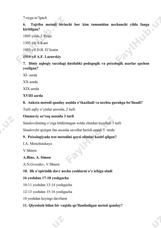 ilan bir vaqtda qo’llaniladigan metod qanday? test metodi eksperiment metodi longityud metodi anketa metodi 12. maktabgacha davrdagi bolalarda qanday psixik jarayon rivojlanadi? а. jismoniy в. ta’limiy с. irodaviy д. nutqiy 13. bolaning shaxsi va shaxsiy xislatlari qaysi davrda rivojlanadi? а. bog’cha davrida в. maktab davrida с. o’spirinlik davrida д. go’daklik davrida 14. bolaning maktabdagi o’qish davri uchun nimalarga ahamiyat berish zarur? а. nutq qobiliyatiga в. jismoniya salohiyatiga с. qiziqishlariga д. odob axloq doirasiga 15. necha yosh maktabgacha yosh davri xisoblanadi? а.2- 7 yosh в. 3-8 yosh с. 6- 8 yosh д. 3-7 yosh 16. shaxsni shakllantirishga qaratilgan va unda hayotiy e’tiqod va xis tuyg’ularni ma’naviy xulq axloq xosil qilish jarayonidir а. ta’lim в. tarbiya с. din a д. ta’lim tarbiya 17. o’z-o’zini tarbiyalashda nechta vazifa nazarda tutiladi? а. 5 в. 3 с. 4 d. 6 yosh davrlari psixologiyasi fani qachon mustaqil fan sifatida ajralib chiqqan?18. tarbiya ijtimoiy foydali faoliyat mehnat …