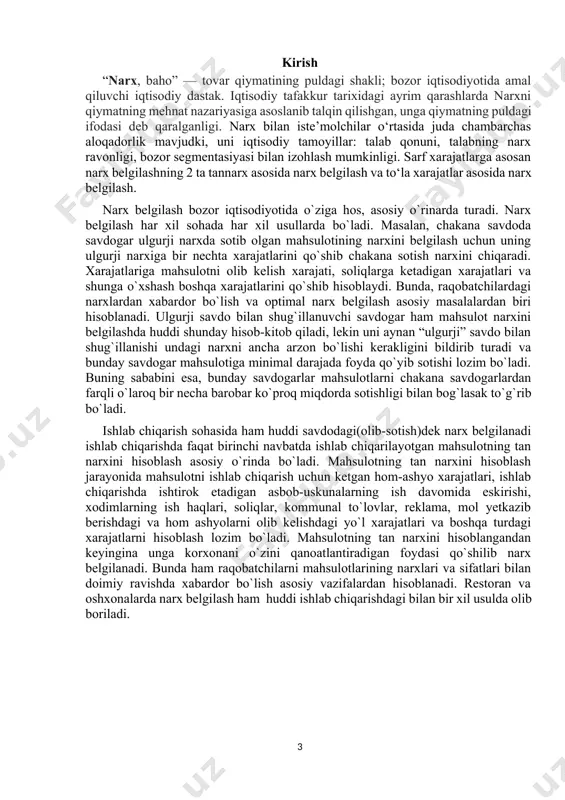 aromad-ning iqtisodiyot turli tarmoq va sohalari, xoʻjalik yurituvchi subʼektlari boʻyicha taqsimlanishiga, aholining ijtimoiy jihatdan himoya qilinishiga sharoit yaratadi. shuningdek, u ishlab chiqaruvchilarni ragʻbatlantirib, sogʻlom raqobat muhitining yaratilishiga katta taʼsir koʻrsatadi. narx, baho — tovar qiymatining puldagi shakli; bozor iqtisodiyotida amal qiluvchi iqtisodiy dastak. iqtisodiy tafakkur tarixidagi ayrim qarashlarda narxni qiymatning mehnat nazariyasiga asoslanib talqin qilishgan, unga qiymatning puldagi ifodasi deb qaralgan. 21-asr boshlaridagi nazariyalar narxni pulning miqdoriy nazariyasi asosida izoxlab, narxga harajatlar, tovarning nafliligi va raqobat taʼsir etishini eʼtirof etadi. narxni qiymat belgilaydi, ammo u aniq bir qiymatdan yuqori yoki past boʻlishi mumkin, bu esa bozordagi muayyan tovarga boʻlgan talab va taklift bogʻliq. narx faqat qiymatni emas, balki talab va taklif, shuningdek, tovarning ijtimoiy foydaliligi, sifati va boshqa tovarlar oʻrnini bosa olishi, muomaladagi pulning harid qobiliyatiga ham bogʻliq. binobarin, narx qiymatdan miqdoran farqlanadi. mahsulot tannarxi har qanday narxning asosi boʻlib, mahsulotning hayotiy sikli davomida uning narxidagi oʻzgarishlarga katta taʼsir koʻrsatadi. …