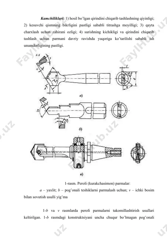 avodlarda) ommaviy usulda ishlab chiqariladi, shuning uchun uni konstruktsiyasining murakkabligiga qaramay tannarxi past. spiral parmaning asosiy konstruktiv elementlari va geometrik parametrlari 2-rasmda keltirilgan. 2φ burchakli konussimon kesuvchi qismning cho’qqisida ikkita bosh kesuvchi qirralar joylashgan. orqa yuzaning shakli charxlash usuli bilan hosil qilnadi. ikkita orqa yuzalarning o’zaro kesishuvi natijasida bosh kesuvchi qirraga ψ burchak ostida og’ma holatda ko’ndalang kesuvchi qirra hosil bo’ladi. ushbu qirra parmaning markazida d0=(0,15...0,25)d shartli diametr bilan joylashgan. ikkita yordamchi kesuvchi qirralar oldingi yuzalar va tsilindrsimon kalibrlovchi lentalarni kesishuv joyida joylashgan. yordamchi qirralarning parma o’qiga nisbatan og’ish burchagi ω ga asosan bosh kesuvchi qirradagi oldingi burchaklar γ ni qiymatini aniqlaydi. kalibrlovchi lentachani teshikning devoriga ishqalanishini kamaytirish maqsadida ularning kengligi f parmaning diametriga bog’liq holda f=(32...0,45)√d, balandligini esa ∆=0,1...0,3 mm olinadi. parmani teshik ichida tiqilib qolishini oldini olish maqsadida uning diametrini quyruq qismi yo’nalishi tomonga kichraytiriladi, bunda teskari konuslik ishchi qismning 100 mm uzunligida 0,03...0,12 mm.ga teng bo’lishi kerak. …