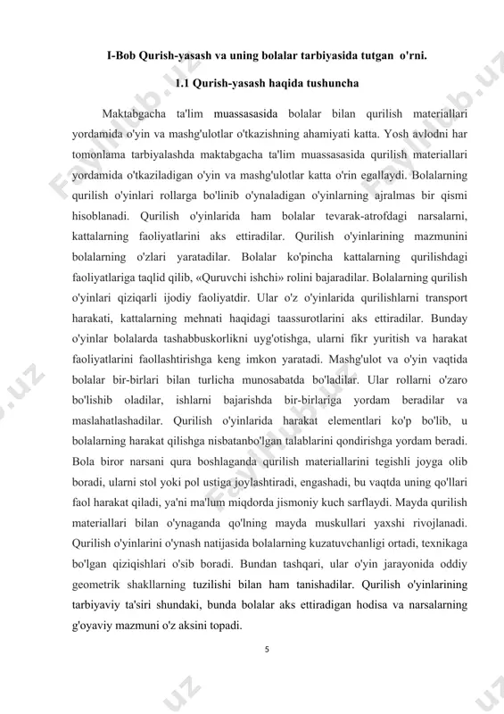 sevishini tushunishlariga yordam beradi. qurilish o'yinlari orqali tarbiyachi bolalarda mehnatsevarlik, mustaqillik, o'z ishiga javobgarlik hissini tarbiyalab borishga harakat qiladi. bolalar jamoasini to'g'ri tashkil etishda qurilish materiallari bilan o'tkaziladigan o'yin va mashg'ulotlar katta ahamiyatga ega. qurilish materiallari bilan o'tkaziladigan o'yin va mashg'ulotlar bolalarni maktabga tayyorlash ishini amalga oshirishda ham yordam beradi. bu o'yin va mashg'ulotlar jarayonida bolalarda diqqatni bir joyga to'plash, oldiga qo'ygan maqsadga chidam va sabot bilan erishish, olgan bilimi va malakasi asosida ijodiy tashabbuskorlik ko'rsatish xususiyatlari shakllanib boradi. qurilish haqidagi asosiy bilimni bolalar qurish-yasash mashg'ulotida egallaydilar. ana shu mashg'ulotlarda ular narsalarning elementar ko'rinishlarini, qurilish detallaridan maqsadga muvofiq foydalana olishni o'rganadilar va qurilishni badiiy jihatdan bezashning oddiy usullarini o'zlashtirib oladilar. maktabgacha tarbiya yoshidagi kichik bolalar qurish-yasashga bir necha bor urinadilar, ular faqat qurilish to'plamlaridagi materiallarni yapaloq tomoni bilan qo'yib, terib chiqadilar yoki bk-birining ustiga qo'yadilar. tarbiyachi bolalarni har xil narsalar qurishga o'rgatgan bo'lsa, kichik yoshdagi bolalarning qurilish o'yinlarida u o'z …