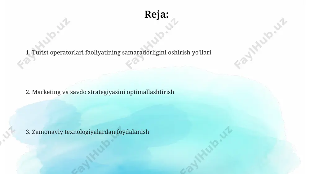 adorligini oshiradi. onlayn to'lov tizimlarini integratsiyasi orqali 20% gacha to'lovlarni qabul qilish jarayonini tezlashtirish va xatoliklar sonini kamaytirish mumkin. tur operatorlari uchun maxsus dasturiy ta’minot yordamida buyurtmalarni qayta ishlash vaqtini 50% ga qisqartirish mumkin, bu esa ishchi kuchi va vaqt resurslarini tejashga yordam beradi. mijozlar bilan munosabatlarni yaxshilash mijozlarning 80%i salbiy tajribalarini do'stlari va tanishlariga aytib berishadi, shuning uchun har bir muloqotda ijobiy taassurot qoldirishga e’tibor qaratish muhim. mijozlarga shaxsiylashtirilgan xizmatlar taklif qilish, masalan, ularning qiziqishlari va ehtiyojlariga moslashtirilgan turistik paketlar yaratish, mijozlarning sodiqligiga 25% gacha oshishiga yordam beradi. crm tizimlarini qo'llash orqali mijozlar haqida to'liq ma’lumotlarni saqlash va tahlil qilish, marketing kampaniyalarining samaradorligini 15-20% ga oshiradi va shaxsiylashtirilgan takliflar yaratishga imkon beradi. yo'nalishlarni diversifikatsiya qilish yangi, noyob yo'nalishlarni (masalan, agrotourism, gastro tourism) qo'shish orqali, raqobatbardoshlikni oshirish va 15-20% ga sotish hajmini ko'paytirish mumkin. yo'nalishlarni diversifikatsiya qilish, masalan, 20% ekoturizm, 30% madaniy turizm va 50% aktiv turizmga ajratish, xatarlarni kamaytiradi …