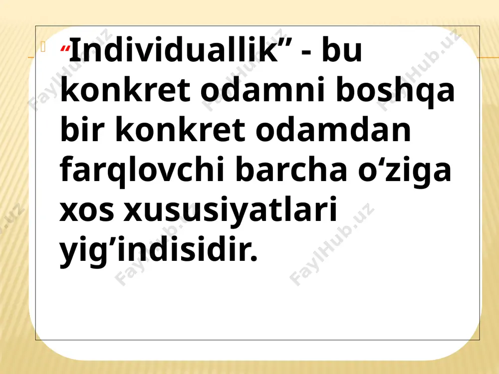 hisoblashadigan boʻladi. sangvinik toifasiga misol sifatida: - “parvona” spektaklidagi o’tkuriy obrazini; 17 sangvinik kuchli sergap nerv sistemasi muvozanatlashgan xarakatchan boshlagan ishini oxiriga etkazmaydi ifodali mimikaga ega o’ta qiziquvchan muloqotga tez kirishadi 18 sangvinik sangvinik-kishining harakatchan va quvnoqligini bildiradi. vaziyatlarga, eʼtiborini tortgan narsalarga tezda oʻz munosabatini bildiradigan, oʻzlariga ishonuvchan, harakatlari yengil va tez, mimikalari tabiiy, nutqi ravon va jarangdor, lekin tez zerikuvchan, oʻzgaruvchan inson. 19 образец текста второй уровень третий уровень четвертый уровень пятый уровень 20 sangvinik toifasiga xos sifatlar 1 quvnoq va xushchaqchaq; 2) gʻayratli va ishchan; 3) koʻpincha boshlagan ishini oxiriga yetkazmaydigan; 4) oʻziga ortiqcha baho berishga moyil; 5) yangiliklarni tezda ilgʻab, qabul qilishga qodir; 6) qiziqishlar va mayllarda beqaror; 7) muvaffaqiyatsizliklar va noqulayliklarni oson kechira oladigan; 8) turli sharoitlarga oson moslashadigan; 9) har qanday ishga zoʻr qiziqish bilan kirishadigan; 10) agar ish qiziqtirmay qoʻysa, darhol hafsalasi pir boʻladigan; 11) yangi ishga tez kirishib ketib, bir ishdan ikkinchisiga tezda …