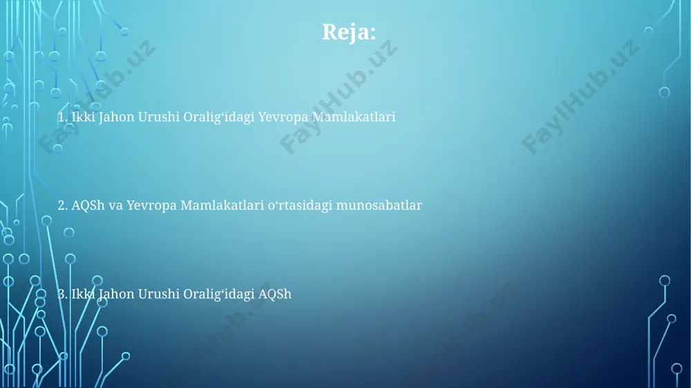 yosdagi davlat aralashuvini oʻz ichiga olgan boʻlsa, aksincha, koʻplab yevropa davlatlari liberal iqtisodiy siyosatni saqlab qolishga harakat qilishdi, bu esa buyuk britaniya va fransiya kabi mamlakatlarda ham turli xil natijalarga olib keldi. ikkinchi jahon urushi oraligʻida aqsh yalpi ichki mahsuloti (yaim) 1929 yildagi buyuk depressiyadan keyin ham 40% ga oʻsdi, yevropa mamlakatlari esa katta iqtisodiy qiyinchiliklarga duch keldi, germaniya inflyatsiyasi esa rekord darajalarga yetdi. aqsh 1920-yillarda neytral siyosatini olib bordi, 1930-yillarda esa izolyatsionizm kuchaygan boʻlsa, yevropa mamlakatlari esa versal shartnomasi va milliy qarama-qarshiliklar tufayli siyosiy notinchlik va harbiy qurollanish bilan shugʻullanishdi, bu esa ikkinchi jahon urushiga sabab boʻldi. e'tiboringiz uchun rahmat @taqdimot_robot image1.png image2.png image3.png image4.png image5.png