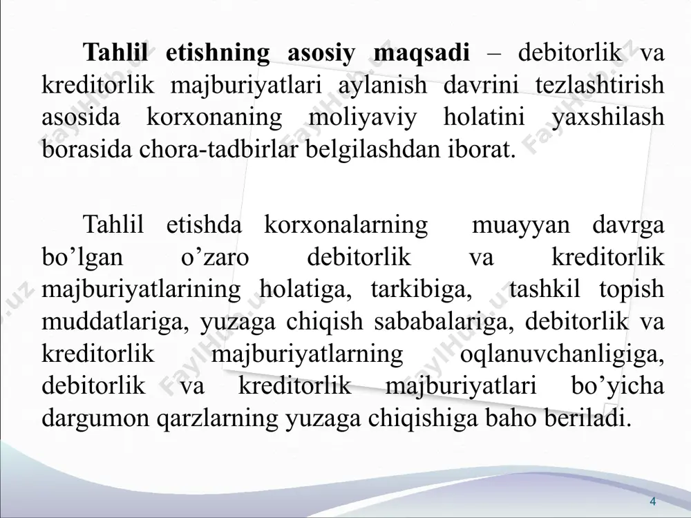 kelib tushmasa, u muddati o’tgan deb tan olinadi. debitorlik qarzi xaridor (buyurtmachi) sotuvchi (mol yetkazib beruvchi) bilan to’liq hisob-kitob qilgandan so’ng to’langan hisoblanadi, ya’ni qarzdorlik to’lovi uchun pul mablag’lari yoki mulk kelib tushgandan so’ng. 12 debitorlik majburiyatlari tarkibi (hisobvaraqlari nomeri) balans satri davr boshi davr oxiri farqi, +,- debitorlar, jami (satr.220+240+250+260+270+280+290+300+310) 210 shundan: muddati o’tgan 211 xaridor va buyurtmachilarning qarzi (4000 dan 4900 ning ayirmasi) 220 ajratilgan bo’linmalarning qarzi (4110) 230 sho’’ba va qaram xo’jalik jamiyatlarning qarzi (4120) 240 xodimlarga berilgan bo’naklar (4200) 250 mol yetkazib beruvchilar va pudratchilarga berilgan bo’naklar (4300) 260 byudjetga soliq va yig’imlar bo’yicha bo’nak to’lovlari (4400) 270 maqsadli davlat jamg’armalari va sug’urtalar bo’yicha bo’nak to’lovlari (4500) 280 ta’sischilarning ustav kapitaliga ulushlar bo’yicha qarzi (4600) 290 xodimlarning boshqa operatsiyalar bo’yicha qarzi (4700) 300 boshqa debitorlik qarzlari (4800) 310 debitorlik majburiyatlarining shakllanish qatorlari 13 kreditorlik majburiyatlari tarkibi (hisobvaraqlari nomeri) balans satri davr boshi davr oxiri farqi, +,- …