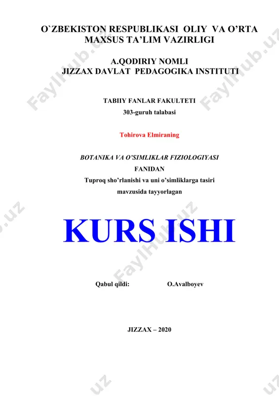 da hujayrani o’rganilish tarixi, ixtirochilar haqidagi ma’lumotlar keltirilgan. ishni asosiy boblarida hujayraning biosintetik markazlarıga tarif berilgan bunda, hujayra organoidlaridan endoplazmatik to’r, ribosomalar va polisomalar, golji apparati, plastidalar, mitoxondriyalarning tuzilishi, funktsiyalari, biologik faol moddalarni sintezlanishi va ularning hujayrada moddalar almashinuvidagi ishtiroki, moddalarni sifat va miqdor jihatidan o’zgarishlari haqidagi ma’lumotlar keltirilgan. xulosa qismida mavzuda ochib berilgan tushinchalar, hujayraning biosintetik markazları: endoplazmatik to’r, ribosomalar va polisomalar, golji apparati, plastidalar, mitoxondriyalarning tuzilishi, funktsiyalari, biologik faol moddalarni sintezlanishi va ularning hujayrada moddalar almashinuvidagi ishtiroki, moddalarni sifat va miqdor jihatidan o’zgarishlari haqida qisqacha tarif berilgan. ushbu kurs ishida ba`zi bir grammatik xatolar mavjud, lekin bu kurs ishi mazmuniga ta`sir ko`rsatmaydi. umuman olganda ushbu kurs ishi barcha talablarga javob beradi, ishini himoyaga tavsiya etaman. o`qituvchi: e.aberqulov a. qodiriy nomli jdpi tabiiy fanlar fakulteti “biologiya o’qitish metodikasi” yo`nalishi 302 guruh talabasi mansurova gulbahorning “ o’simliklarning nafas olish mexanizmi” mavzusidagi kurs ishiga t a q r i z mansurova …