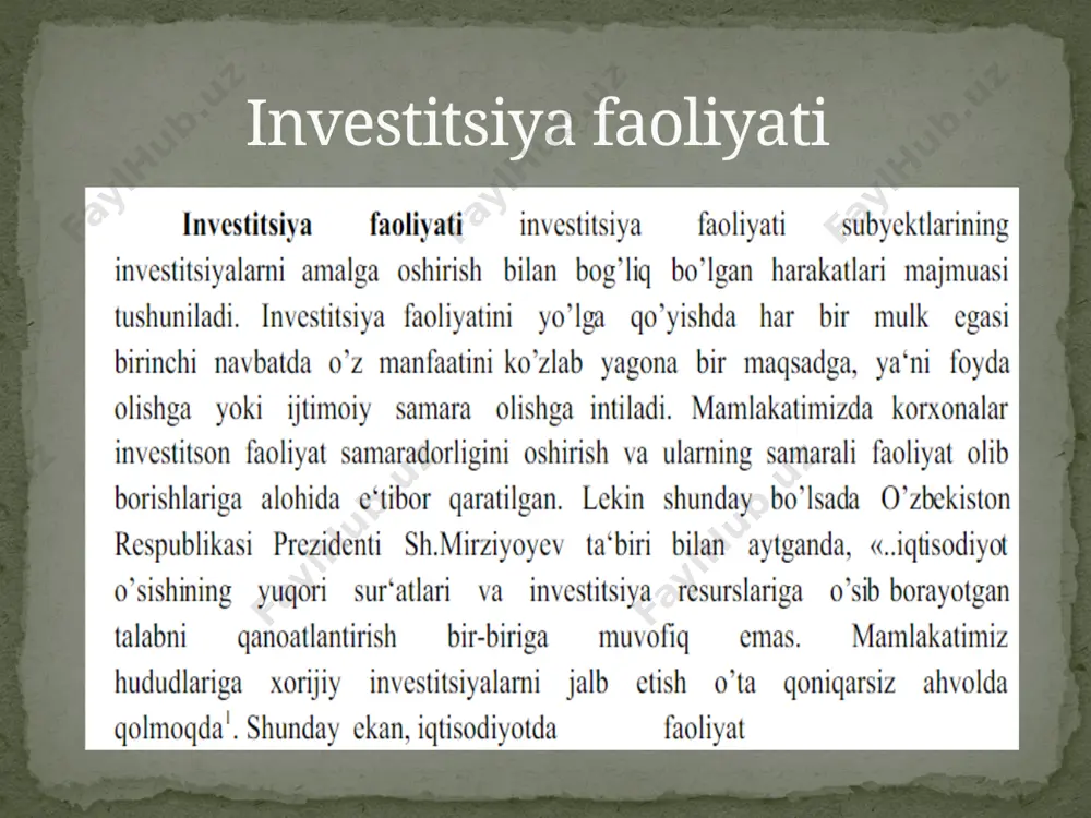 titsiya — aksiya, obligatsiya va b. qimmatli qogʻozlarni sotib olishga qoʻyiladigan investitsiya, ; real investitsiya — moddiy ishlab chiqarish (sanoat, qishloq xoʻjaligi, qurilish va b.) sohasiga, moddiy-ashyoviy faoliyat turlariga uzoq, muddatli mablagʻlar qoʻyish shakllarida amalga oshiriladi. jahon tajribasida investitsiyani moliyalashtirish turli usul va shakllarda, shu jumladan, korxonalarni aksiyadorlashtirish va aksiyalarni joylashtirish, byudjet mablagʻlari, bank kreditlari, lizing, bevosita chet el investitsiyalari, ipoteka, byudjetdan tashqari maxsus fondlar, amortizatsiya va xoʻjalik yuritish subʼyektlarining boshqa mablagʻlari hisobiga amalga oshiriladi. keyingi davrda xalqaro iqtisodiy munosabatlarda investitsion hamkorlik rivoj topdi. bunday hamkorlikning real, moliyaviy, intellektual (litsenziyalar, nou-xauni berish, hamkorlikda bajariladigan ilmiy ishlanmalar va b.ga mablagʻ sarflash) koʻrinishlari bor. investitsion hamkorlik umumjahon va milliy muammolarni hal qilishga xizmat qiladi. jahondagi bevosita investitsiya faol oʻsib bormoqda: 1980-yillar oʻrtalarida jahon boʻyicha umumiy yillik investitsiya hajmi 450 milliard dollarni tashkil qilgan boʻlsa, 1990-yillar oʻrtalariga kelib investitsiya hajmi 2 trillion dollardan oshdi. investitsion hamkorlik umumjahon va milliy muammolarni hal qilishga xizmat …