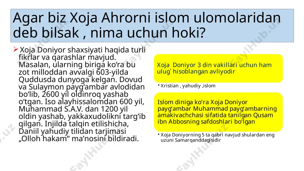 tomoniga qaratilgan. qariyalarning aytishlaricha, masjid ikkinchi jahon urushi davrida noma’lum sabablarga koʻra buzilgan. imoratning devorlari choʻpkori uslubida qurilgan boʻlib, tagsinch bolori pishiq gʻishtli asosga yotqizilgan edi. masjidning shimoliy qismida maydoni 25 kv.metrli ayvoni va masjidga kirish eshigi shu yerdan boʻlgan. ayvonning shimoli-gʻarbiy burchagida uzunligi 80 sm., eni 40 sm., qalinligi 20 sm. kattalikdagi ikkita toʻgʻri burchakli tosh plitasi topildi. ular qabr toshlar yasash uchun xomashyo edi. masjid janubiy devorining tag qismi sinchiklab oʻrganilganda u yerda xvii asrga oid gʻishtlar topildi. mehrobli devor esa, ancha qadimgi devor oʻrnida, jarlikning yonbagʻrini ushlab turish uchun qurilgan ekan. bu yerdagi va janubiy devor tagidagi gʻishtlar xiv asr oxiri va xv asr boshlariga oiddir. xulosa xulosa qilib aytganda, bu maqbara mamlakatimiz sarhadlaridagi eng noyob maqbaralardan biri sanaladi. asosiysi shuki bu maqbara xalqimizga xos diniy bag‘rikenglik namunasi sanaladi. ayniqsa hozirgi tahlikli zamonda qaysi din e’tiqod bo‘lmasin tinch-totuv yashash muhimdir. o‘zbekistonda esa yahudiy sinagogasi ham, xristian cherkovi …
