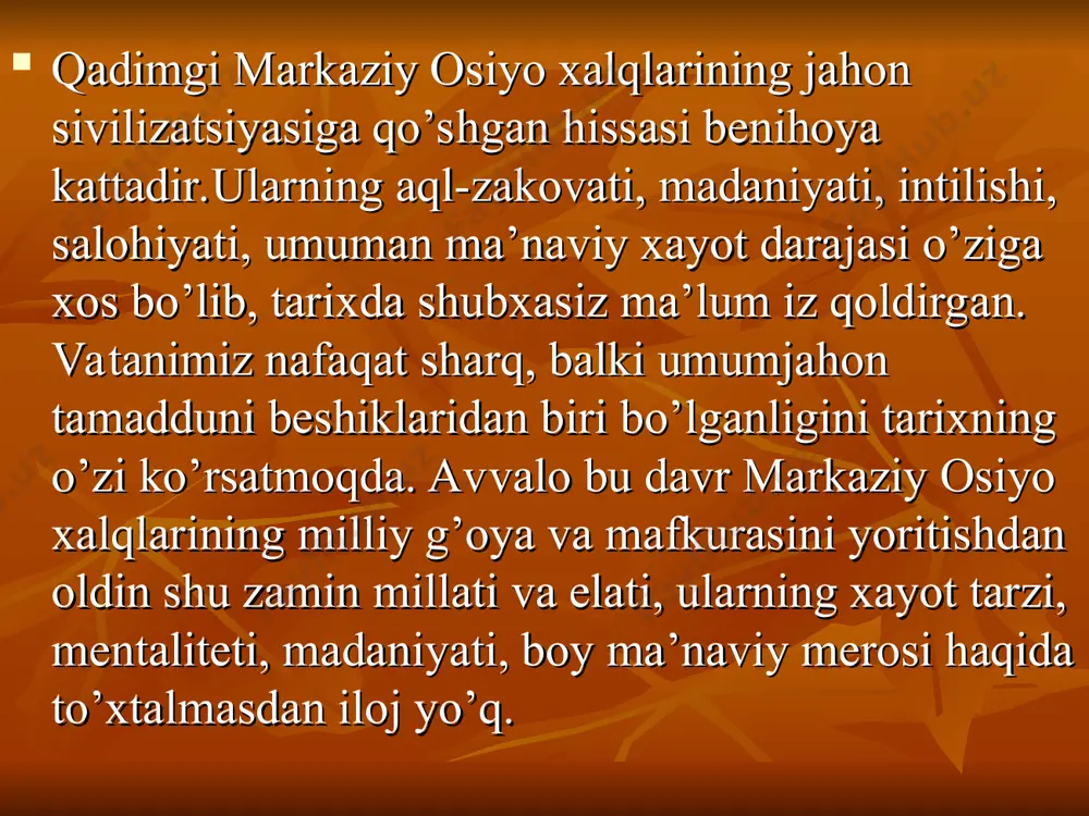 da ok xun imperatorligi yuzaga keldi. uning asoschisi kun xon edi. bu davlat tarkibiga hindistonning yarmi, afg’oniston va turkistonning katta qismi kirgan. 386-557-yillarda esa tabg’ach davlati paydo bo’ldi. uning asoschisi shamoxon bo’lib, davlatining xududiga markaziy osiyodagi koshg’ar, turfon viloyatlari , o’rxun vodiysidagi jo’jan davlatining sharqiy bir qismi kirgan. shundan so’ng islomgacha eltarish xoqon , bilga xoqon kabi turkiy xukumdorlar yashaganligi toshbitiklar orqali ma’lum. eron shohi kir massagetlar yurtini o’ziga qaram qilish , boyliklarini talash maqsadida to’marisga uylanmoqchi bo’lib, sovchilar yuboradi.malika shohning asl maqsadini tushunib unga qayliq bo’lishini, o’z elini qul qilib topshirishini istamasligini qat’iy qilib aytadi. shundan so’ng kir ochiq tajovuzga o’tadi. , massagetlar tomon qo’shin tortadi. shoh daryodan o’tish uchun ko’prik qurdira boshlaydi. uning bu hatti –harakatlaridan xabardor bo’lgan to’maris kirga elchi yuborib shunday deydi: “ ey shoh qilayotgan ishingni to’xtat! hali sen boshlagan ishing qanday tugashini bilmaysan-ku! qo’y , sen yurtingda podsholik qilaver, bizni o’z holimizga qo’y. lekin …