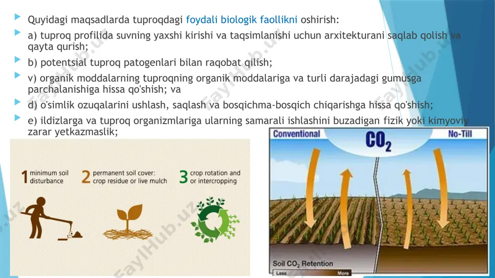 shqarish: yerga ishlov berilmaydi, ijobiy ozuqali muvozanat, mulchali dehqonchilik, almashlab ekish davridagi qoplama ekinlar, tuproq va suvni tejalishi manba: lal, 2005 dan moslashtirilgan. 1-jadval xususan, ko’p ekin qoldiqlarni qo'shishga asoslangan tizimlarda va tuproqqa ishlov berilmagan holda tuproqda atmosferaga yo'qolganidan ko'ra ko'proq c ni to'playdi. boshqariladigan tuproqlarda esa uglerodning ajralishi atmosferadagi co2 ning aniq chiqarilishi bilan sodir bo'ladi, chunki uglerodning kirishi (ekin qoldiqlari, axlat va boshqalar) oshib ketadi (yig'ilgan materiallar, tuproqning nafas olishi, yoqilg'i va o'g'itlar ishlab chiqarish va boshqalar). (izaurralde va cerri, 2002). tuproqda uglerodni oshiradigan boshqaruv amaliyotlari barqaror qishloq xo'jaligining bir qator tamoyillariga mos keladi: yerga ishlov berishni qisqartirish, eroziyaga qarshi kurash, ko'p tarmoqli ekinlar tizimi, muvozanatli o'g'itlash va boshqalar. tuproqqa ishlov berilmaydigan tizimlarning dastlabki yillarida tuproqdagi organik moddalar ildizlarning parchalanishi va yer yuzasiga vegetativ qoldiqlarning hissasi orqali ortgan. bu organik modda sekin parchalanadi va shuning uchun c ning atmosferaga chiqishi ham sekin sodir bo'ladi. umumiy balansda c ning …