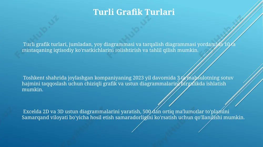 , pastga tortib 100 gacha to'ldirish imkonini beradi. bu samarqanddagi universitet talabalari uchun juda qulay. agar a1 katakchasiga "olma" yozsangiz, undan pastdagi katakchalarga "olma 2", "olma 3" kabi avtomatik ravishda 5 ta nusxada takrorlashni sozlashingiz mumkin. bu andijon shahridagi fermerlar uchun foydali bo'ladi. "avtomatik to'ldirish" yordamida sanalarni (masalan, 01.01.2024 dan 31.12.2024 gacha) yoki kunlarni (dushanba, seshanba...) ketma-ket kiritish mumkin. bu toshkentdagi biznes tahlilchilari uchun samarali vositadir. grafiklarni shakillantirish samarqand viloyatida paxta hosilining 5 yillik dinamikasini aks ettiruvchi chiziqli grafikni yaratish uchun, excelning avtomatik hisob-kitob va grafik yaratish vositalaridan foydalanish 3 barobar tezroq va samaraliroqdir. excel’dagi 1000 ta ma'lumotni ishlatib, toshkent shahri bo'yicha 2023 yilgi avtomobil sotuvi grafigini yaratish mumkin. bu grafikda ustunlar yordamida ma'lumotlarning dinamikasini aniq ko'rsatish mumkin. andijon viloyati bo'yicha 7 ta turli mahsulotning 2022 va 2023 yillardagi narxlarini solishtirish uchun excel'dagi tarqalish diagrammasi juda mos keladi, bu esa 3 o'lchovli taqqoslash imkonini beradi. avtomatik hisoblashga kirish avtomatik hisoblash …