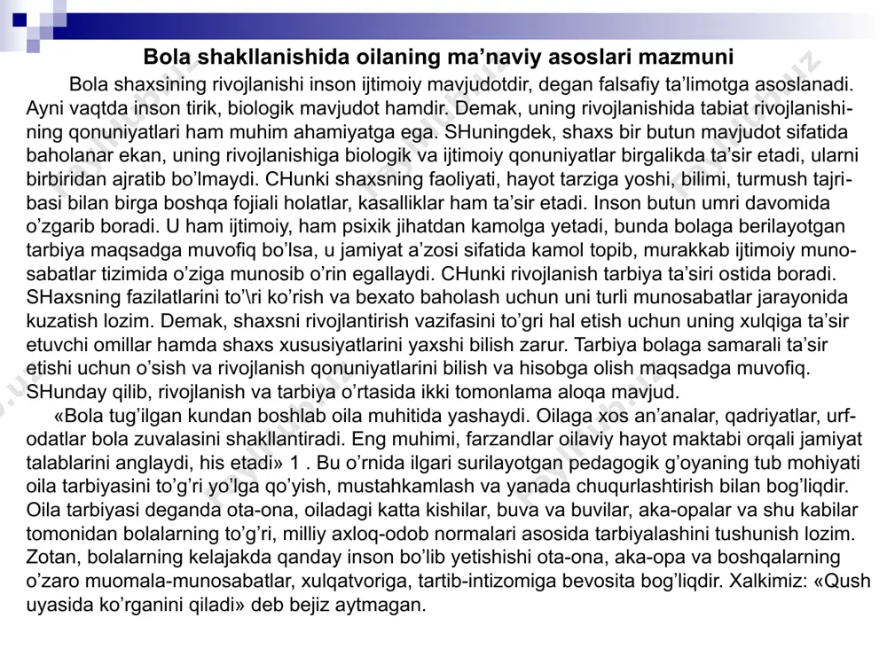 shi ta'minlangan. ota-onalar eng kamida o`rta: ma'lumotli. bunday holatlar ota-onalarning pedagogika, psixologiya sohasidagi bilimlar bilan qurollanishiga va maktab bilan hamkorlikda bolalar tarbiyasini yaxshilash imkoniyatlarini yaratadi. demak, maktab mukammal tashkilot sifatida barcha tarbiyaviy ishlarni maqsadga muvofiq tashkil etishi lozim. bunday maktablar esa o`z atrofidagi jamoa va davlat xo`jaliklari, otaliqqa olgan korxonalar bilan aloqani mustahkamlab, o`quvchilarning maktabdan bo`sh vaqtlarini mazmunli tashkil etmoqdalar, qarovsiz, tarbiyasi oo`ir bolalarni o`z nazoratlariga olmoqdalar. bunday xayrli ishlarda ko`plab ota-onalar maktab bilan yaqindan aloqada bo`lib o`quvchilar tarbiyasi yuzasidan o`qituvchilar jamoasi bilan bamaslahat ish olib borishmoqda. lekin, ko`plab ota-onalar bolalar tarbiyasiga tayyor emasliklari, ularga ta'sir etuvchi turli omillardan bexabarliklari; bola kamolotining murakkab tomonlarini bilmasliklari natijasida oilaviy tarbiyada ko`plab ko`ngilsiz voqealar ham sodir bo`lmoqda. bunday salbiy omillar o`o`il yoki qizlarning maktabdagi ta'limtarbiyasigayomon ta'sir ko`rsatmoqda. oila va maktabda o’quvchilar shaxsini shakllantirish. aynan shu maskanda o'zaro hurmat, mehr-oqibat, halollik, poklik, mehnatsevariik, vatanparvarlik, inson- parvarlik kabi oliy darajadagi qadriyatlar shakllanadi, avloddan-avlodga yetkazila-di. shu …