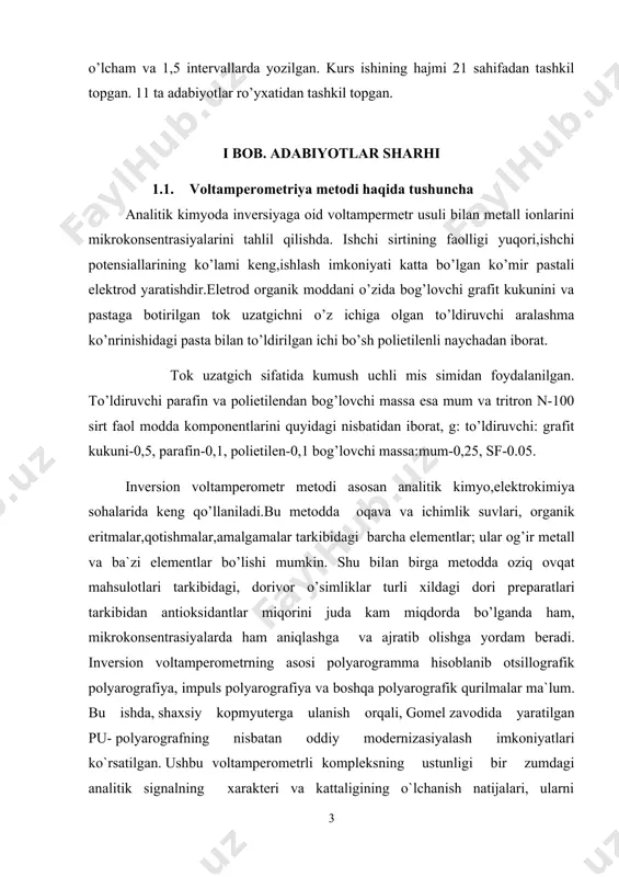 rkibidаn аntioksidаntlаr miqorini judа kаm miqdordа bo’lgаndа hаm, mikrokonsentrаsiyalаrdа hаm аniqlаshgа vа аjrаtib olishgа yordаm berаdi. inversion voltаmperometrning аsosi polyarogrаmmа hisoblаnib otsillogrаfik polyarogrаfiya, impuls polyarogrаfiya vа boshqа polyarogrаfik qurilmаlаr mа`lum. bu ishda, shaxsiy kopmyuterga ulanish orqali, gomel zavodida yaratilgan pu- polyarografning nisbatan oddiy modernizasiyalash imkoniyatlari ko`rsatilgan. ushbu voltamperometrli kompleksning ustunligi bir zumdagi analitik signalning xarakteri va kattaligining o`lchanish natijalari, ularni ma`lumotlar bazasini tashkil etish maqsadida xotiraga yozib olish, tezda qulay usulda msoffice dasturiga uzatish orqali qog`ozga chiqarish imkoniyati mavjudligidir. bu ishda, shaxsiy kopmyuterga ulanish orqali, gomel zavodida yaratilgan pu- polyarografning nisbatan oddiy modernizasiyalash imkoniyatlari ko`rsatilgan. ushbu voltamperometrli kompleksning ustunligi bir zumdagi analitik signalning xarakteri va kattaligining o`lchanish natijalari, ularni ma`lumotlar bazasini tashkil etish maqsadida xotiraga yozib olish, tezda qulay usulda msoffice dasturiga uzatish orqali qog`ozga chiqarish imkoniyati mavjudligidir. hozirgi kunda turli xil metodlar universal polyarograf, impuls polyarografiyasi, polyarografiya ossillograf va inversion polyarografiya, inversion voltamperometriya metodlaridan foydalanib og’ir metall tuzlarini turli …