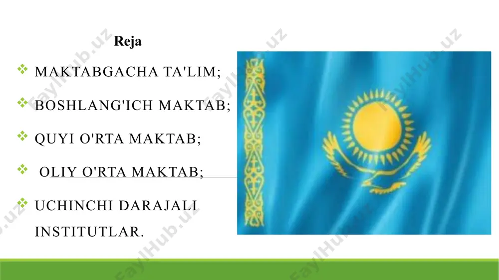 tonda, ayniqsa magistratura bosqichida yaxshi tanlov bo'lishi mumkin. ammo qozog'istonda barcha darajani tugatish shart emas. dunyo bo'yicha qozog'istonda 50,000 66 ga yaqin chet ellik talabalar qabul qilinadi, ammo ulardan juda ozi har yili aqshdan. aholining xnumx foizga yaqini mahalliy qozoqlardir, bu esa mamlakatni etnik jihatdan turlicha qiladi. quyi o'rta maktab o'quvchilar 5-sinfdan 9-sinfgacha o'rta maktabda o'qiydilar, bu taxminan aqsh, o'rta maktab yoki o'rta maktab deb ataladigan narsalarga to'g'ri keladi. odatda 8-sinf o'quvchisi 14-15 yoshda. o'quv dasturi - bu adabiyot, o'quvchining birinchi tili, rus yoki qozoq tili (umuman maktab tiliga qarab), tarix, fizika, matematika, biologiya, kimyo, chet tili va shu kabilarni o'z ichiga olgan umumiy ta'lim dasturidir. oliy o'rta maktab talabalar oliy o'rta ta'limning istalgan yo'lini tanlashlari mumkin, ammo ulardan birini tanlashlari shart. barcha yo'nalishlar bo'yicha bitiruvchilar universitetga kirish huquqiga ega. 10-11 sinflarni qamrab oladigan va umumiy ta'lim beradigan umumiy o'rta maktabdir. kasb-hunar ta'limi uchun ikkita o'quv rejasi mavjud: boshlang'ich kasb-hunar …