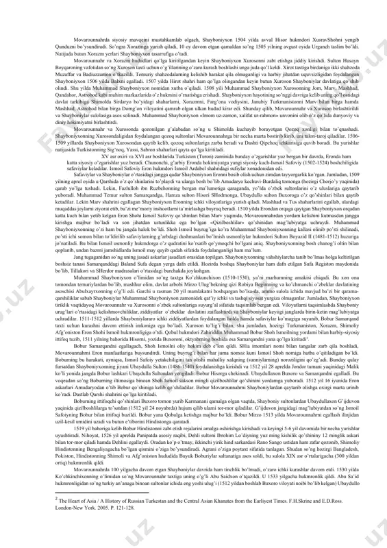 yboniyxon movarounnahrga kirish imkoniyatini qo’lga kiritdi. ayniqsa, 1494 yilda samarqand hukmdori sulton ahmad mirzo vafotidan so’ng temuriy shahzodalarning o’zaro nizolari yanada kuchayib, mamlakatda boshboshdoklik, ko’p hokimiyatchilik yuzaga keldi. bundan foydalanishga intilgan shayboniyxon 1497 yilda movarounnahrga o’zining dastlabki hujumini uyushtirdi. u katta kuch bilan samarqandga yurish qildi, lekin shaharni ololmasdan, qarshi va shahrisabzga hujum qilib katta o’lja bilan qaytib ketdi. xv asrning oxirlarida samarqand taxti uchun da’vogarlar o’rtasidagi nizolar keskin tus ola boshladi. taxtni ishg’ol etish borasida zahiriddin muhammad bobur (1483-1530) ham harbiy yurishlarni amalga oshirdi. jumladan, 1496 yilda samarqand shahrini qamal qiladi, lekin qish yaqinlashib qolgani uchun qamalni to’xtatadi. 1497 yil mayida boysung’urning akasi sulton mas’ud (1475-1506) bilan ittifoqqa kirgan bobur samarqandni ikkinchi bor qamal qiladi (samarqandni ikkinchi bor qamal qilganida bobur va shayboniyxon birinchi marta yuzma–yuz bo’ldi). boysung’ur yordam so’rab turkistonga (yassiga) odam yuborib, muhammad shayboniyxonni chaqiradi. paytdan foydalangan muhammad shayboniyxon tezlikda lashkar tortib kelgan, ammo so’nggi pallada boysung’ur …
