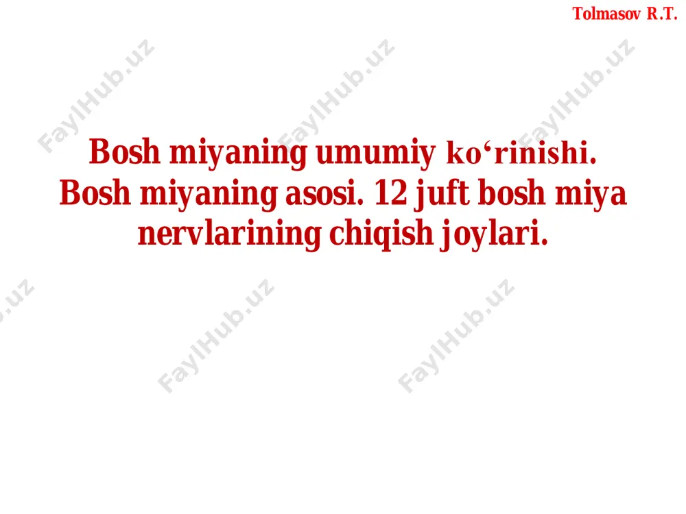 ylashgan. tolmasov r.t. tolmasov r.t. • hidlov uchburchagining orqa tomonida oldingi ilma-teshik modda (substantia perforata anterior) joylashib, bu teshiklar orqali miya ichiga arteriyalar kiradi. tolmasov r.t. ilmateshik modda oralig'ida ko‘ruv nervi kesishmasi (chiasma opticum) joylashgan. tolmasov r.t. • ko'ruv nervi kesishmasining orqa tomonida kulrang tepacha (tuber cinereum) yotadi. • uning pastki qismi torayib quyg'ichni (infundibulum) hosil qiladi. • quyg'ichning uchida ichki sekretsiya bezi gipofiz (hypophysis) turadi. • kulrang tepachaning orqa tomonida oq sharsimon shakldagi ikkita oq so'rg'ichsimon tana (corpora mamillaria) bor. tolmasov r.t. tolmasov r.t. • so'rg'ichsimon tananing ikki yon tomonida bo'ylamasiga joylashgan ikkita yo'g'on oq to'sinlar singari miya oyoqchalari (crus cerebri) joylashgan. • ular o'rtasida oyoqchalararo chuqurcha (fossa interpedincularis) bo'lib, uning tubini orqa ilma- teshik modda (substantia perforata posterior) hosil qiladi. bu teshiklar orqali miya ichiga qon tomirlar kiradi. • miya oyoqchalarining ichki yuzasidan iii juft bosh miya nervi ko'zni harakatlantiruvchi nervning (n. oculomatorius) ildizi ko'rinadi. tolmasov r.t. tolmasov …