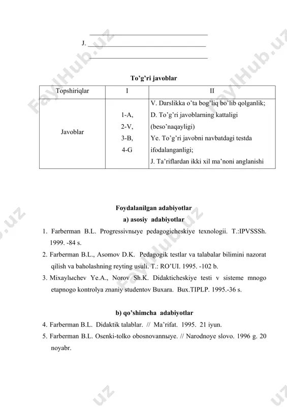 an keyin xotirada o’rnashib, uzoq vaqt saqlanib qolar ekan. 3. test topshiriqlarining shu fan bo’yicha darslikka o’ta bog’liq bo’lib qolganligi. test topshiriqlari talabaning o’zlashtirib olishi shart bo’lgan bilimlar, ko’nikmalar va malakalarga muvofiq kelishi lozim. test topshiriqlarini o’quv fanining bo’limlari yoki mavzulari o’rtasida mutanosib ravishda taqsimlab, bu masalalarni test rejasini ishlab chiqish bosqichida hal qilish zarur. test rejasini tuzayotganda qo’shimcha adabiyotlardan mustaqil o’rganish uchun tuziladigan test topshiriqlarini ham e’tiborga olish zarur. rejasiz tuziladigan test tasodifiy material bilan tuzilib, sifatsiz chiqishi tabiiydir. 4. testda shu o’quv fani asosiy qoidalarini umumlashtiradigan majmuali xarakterdagi topshiriqlarning yo’qligi. bu alohida vaziyatga oid masalalar: keltirilgan ma’lumotlar asosida texnik, boshqaruv va boshqa qarorlar qabul qilish, bemorga tashhis qo’yish uchun klinik ma’lumotlar va boshqalar bo’lishi mumkin. bunday topshiriqlar miqdori talaba albatta to’g’ri qaror qabul qilishi lozim bo’lgan (oldindan tanish bo’lgan) vaziyatlar soni bilan belgilanishi mumkin. 5. taklif qilinadigan javoblarning kattaligi (beso’naqayligi). test topshiriqlarida javoblarning ko’p satrli bo’lishiga yo’l qo’yib …