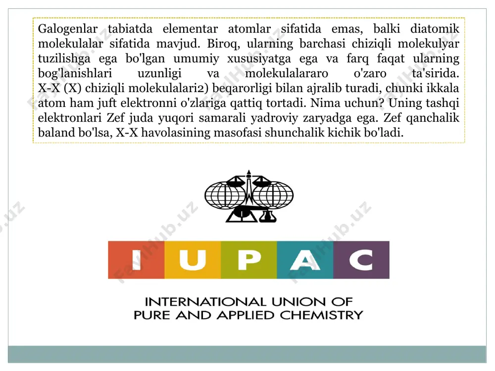 r juda kuchli kislotalarni sintez qilish uchun boshlang'ich materiallar hisoblanadi. metallning valentligiga bog'liq bo'lgan kimyoviy formulalarga ega bo'lgan metall halogenlar deb ataladiganlar ham mavjud. masalan, gidroksidi metalli galogenidlar mx formulaga ega va ular orasida: nacl, natriy xlorid; kbr, kaliy bromidi; csf, ftor sezyum; va lii, lityum yodid. adabiyotlar ro‘yxati qosimov о‘zbekiston qurilish ashyolari,toshkent, 2003 y. qosimov e. qurilish ashyolari, toshkent, 2004 y. hamidov a., madumarova x. va b. qurilish materiallari fanidan «beton» mavzusiga interfaol strategiyalardan foydalanib о‘tiladigan mashg‘ulotning metodik ishlanmasi. namangan, nammpi,2006 yil. xurramov sh.x. qurilish materiallari (ma’ruza matnlari tо‘plami. qosimov i. qurilish materiallari. - t., о‘qituvchi, 1972 e’tiboringiz uchun raxmat ! image3.png image4.png image5.jpeg