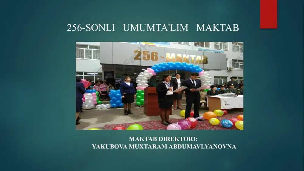 . ota-onalar bilan hamkorlik • bolaning uydagi oʻqish muhitini yaxshilash. • ota-onalarga sabrli va ijobiy munosabatni shakllantirish boʻyicha maslahatlar berish. • bolaning uy vazifalarini bajarishida yordam berishni maslahat berish. 6. doimiy kuzatuv va baholash • bolaning moslashish darajasini muntazam tekshirib borish. • oʻqitish usullarini natijaga qarab oʻzgartirish. • maktab psixologi va logoped bilan maslahatlashish. bu yondashuvlar 1-sinf oʻquvchilarining maktabga tezroq moslashishiga yordam beradi va ularning taʼlimga boʻlgan qiziqishini oshiradi. toshkent shahar maktabgacha va maktab ta'limi boshqarmasi tomonidan 16-yanvar 2025-yil 03/1-182-son qaroriga asosan 256-maktabning o‘qituvchi va o‘quvchilari haftaning har juma kunlari uchun millat ko‘zgusi bo‘lgan milliy ayollar libosini keng tarannum etish, ommalashtirish maqsadida "milliy liboslar kuni" sifatida yo‘lga qo‘yilgan. 7-sinf o ‘ quvchilari bilan “maqsadlarga intilish”psixologik-pedogogik diagnostic metodikasi o ‘tkazildi maqsadni aniqlash qobiliyatini baholash – shaxsning o‘z oldiga aniq maqsad qo‘yish va ularni rejalashtirish darajasi. motivatsiyani o‘rganish – maqsadlarga intilish darajasi va undagi barqarorlikni aniqlash. to‘sqinliklarga bo‘lgan munosabat – insonning qiyinchiliklarga …