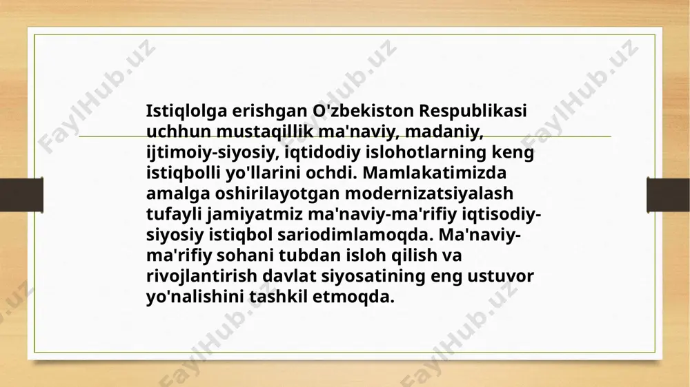 ma'naviy-ma'rifiy ishlar samaradorligiga erishish davri. to'rtinchi bosqich (2017-yilning 28-iyuldan keyingi davr) - ma'naviy-ma'rifiy ishlar samaradorligini oshirish va sohani rivojlantirishni yangi bosqichga ko'tarish davri. endi shu to'rt bosqich xususiyatlari, shu davrlarda amalga oshirilgan ishlarga to'xtalsak. 1. 1994-1999-yillar markaz uchun shakllanish yillari bo'ldi. markazda "huquqiy davlat va fuqarolik jamiyati", "umuminsoniy va milliy qadriyatlar", "g'oyalar, fikrlar va dasturlar jamg'armasi", "sotsiologik tadqiqotlar" bo'limlari tuzildi, ular yetuk kadrlar bilan ta'minlandi, ish faoliyati yo'lga qo'yildi. 1996-yil 9-sentabrda mamlakat prezidentining "ma'naviyat va ma'rifat" jamoatchilik markazi faoliyatini yanada takomillashtirish va samaradorligini oshirish to'g'risida"gi farmoni e'lon qilindi. bu hujjatda ma'naviy-ma'rifiy islohotlarga davlat siyosati darajasida e'tibor berildi. mazkur hujjatning yana bir muhim jihati shundan iboratki, yosh avlodni buyuk an'analarimiz, yuksak ma'naviy qadriyatlarga sodiqlik ruhida porloq kelajak egalari etib tarbiyalash maqsadida 1997-yildan boshlab 1-oktabr "o'qituvchi va murabbiylar kuni" deb e'lon qilindi markaz faoliyatini yanada jonlantirish maqsadida 1998-yil 24-iyulda o'zbekiston respublikasi vazirlar mahkamasining "ma'naviy-ma'rifiy islohotlarni yanada chuqurlashtirish va uning samaradorligini oshirish chora-tadbirlari …