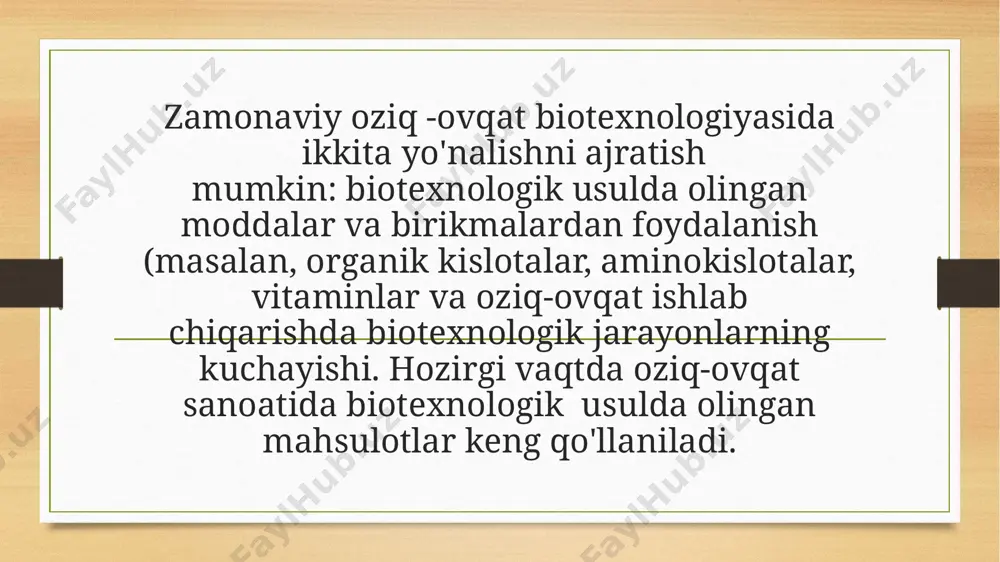 rning tahlili shuni ko'rsatadiki, yaqin kelajakda yaponiyada biotexnologiya dnk rekombinatsiyasiga asoslangan yoki oqsil molekulalaridan foydalanish bilan bog'liq texnologiyani o'rganishga qaratilgan; yangi biopolimerlarni sintez qilish va turli xil tabiatdagi toksik birikmalarning parchalanishi uchun mikroorganizmlarning maxsus shtammlarini olish; azot fiksatsiyasi bo'yicha genetik muhandislik ishlarining keng rivojlanishiga, bu esa azot fiksatsiyasi kimyoviy azotli o'g'itlar tuproqlarida. xom ashyo va energiyaning yangi manbalarini ishlab chiqish sohasida biotexnologiya jarayonlari tsellyuloza o'z ichiga olgan chiqindilarni yo'q qilish, aylanma suv ta'minoti tizimlarini yaratish, chiqindi suvlarni chuqur tozalash va ulardan foydali materiallarni olish uchun ishlatiladi. aqshda biotexnologik mahsulotlar ishlab chiqarishni rivojlantirish prognozi e'lon qilindi. bu yillik o'sishni (foizda) o'z ichiga oladi: farmatsevtika uchun – 16, diagnostika preparatlari – 9, qishloq xo'jaligi mahsulotlari – 33, maxsus maqsadli mahsulotlar – 28, tibbiy bo'lmagan diagnostika vositalari – 34. biotexnologik oziq-ovqat mahsulotlari aqshning barcha bozor mahsulotlarining 10 foizini tashkil qiladi. germaniyada hukumat alohida erlar orqali mamlakat universitetlari va institutlarida 300 dan ortiq biologik …