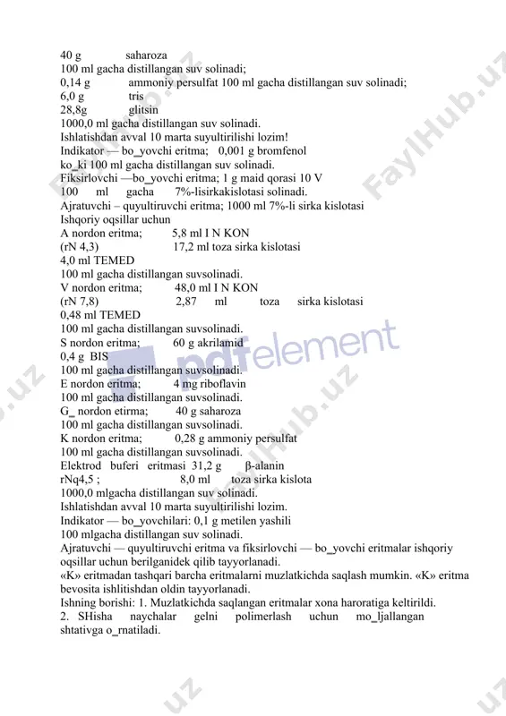 ritmalar ishqoriy oqsillar uchun berilganidek qilib tayyorlanadi. «k» eritmadan tashqari barcha eritmalarni muzlatkichda saqlash mumkin. «k» eritma bevosita ishlitishdan oldin tayyorlanadi. ishning borishi: 1. muzlatkichda saqlangan eritmalar xona haroratiga keltirildi. 2. shisha naychalar gelni polimerlash uchun mo‗ljallangan shtativga o‗rnatiladi. 3. pastki gel manomerini tayyorlash uchun asosiy eritma quyidagi nisbatda olinadi: 1 hajm a eritma 2 hajm s eritma 1 hajm dist. suv 4 hajm k eritma vakuum nasos yordamida eritma havosi tortib olinadi, aks holda eritma tarkibidagi havo gelni mo‗rtlashtiradi va polimerlanish jarayoni bir tekis bormaydi. eritmalar yuqoridagi nisbatda olinganda ishqoriy muhit uchun 7%-li (rn 8,9), nordon muhit uchun 15%-li (rn 4,3) gel hosil bo‗ladi. 4. shisha naychalarga 1,2—1,5 ml ajratuvchi gel monomer eritmasidan quyiladi. gelning sirti tekis qotishi uchun monomer eritma ustiga 0,1 — 0,2 ml distillangan suv extiyotlik bilan shisha naycha devori orqali quyiladi, bunda monomer va distillangan suv ajralib ketmasligi kerak. 5. polimerlanish 30 minut davom yetadi. …