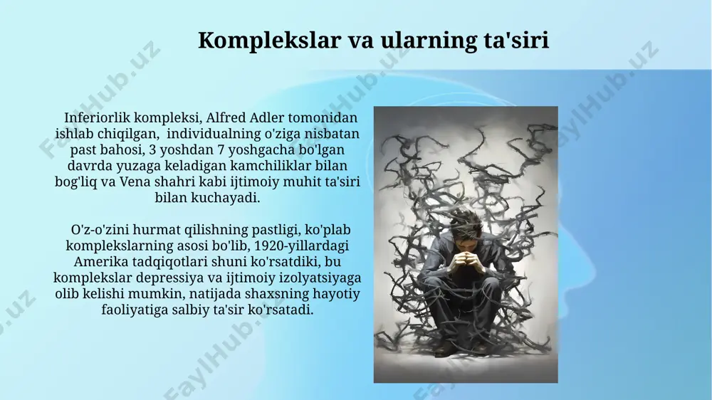 yildan ortiq davom etgan tadqiqotlarga ko'ra, ko'pincha insonning bilinçaltı ehtiyojlari va xavotirlarini 3 xil semantik darajada aks ettiradi: individual, kollektiv va transpersonal. psixanalitik talqin jarayonida taxminan 70% hollarda ramziy ma'nolarni aniqlash uchun bevosita assotsiatsiyalar va bemorning shaxsiy tajribalari (masalan, bolalik davri xotiralari), shu jumladan psixologik himoya mexanizmlari kabi omillar hisobga olinadi. psixoanliz va madaniyat jungning arxetiplar nazariyasi, 12 ta asosiy arxetipni belgilab, jahon madaniyatlaridagi miflar, afsonalar va san'at asarlarida keng tarqalgan universal psixologik obrazlarning mavjudligini ko'rsatadi. psixoanlizning 20-asrning boshlarida vena shahrida paydo bo'lishi, psixik jarayonlarni tushunishda madaniy omillarni hisobga olishga yangi yondashuvni olib keldi, jumladan, 5 ta asosiy psixoseksual bosqichni ta'kidlab. id, ego va superego: psixikaning tuzilishi id, ego va superego o‘rtasidagi doimiy kurash insonning 3 yoshga to‘lganidan keyin, ya’ni "o‘zbekiston" kabi rivojlangan jamiyatlarda odatiy bolalik davrida boshlanadi va butun hayot davomida davom etadi. superego shakllanishiga ota-onalar, o‘qituvchilar va 10 yoshgacha bo‘lgan muhitning ta’siri, jamoaviy qoidalar va ijtimoiy normalar katta …