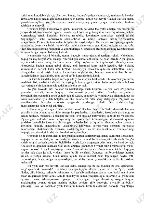 iyalar og‘irlashtirilib, fuqarolarga korrupsiyaga qarshi jinoyatlarni tergov qilishda hamkorlik qilishda bosh tortganligi uchun juda katta moliyaviy sanksiyalar belgilandi. bir qator davlat idoralarida ommaviy “tozalashlar” о‘tkazilib bu jarayonlar telekanallar orqali butun mamlakatga namoyish qilindi. yuqorida sanab о‘tilgan omillarning hammasi singapurni qisqa muddatlarda korrupsiya darajasi eng past mamlakatlar rо‘yxatida ilg‘or davlatlar qatoriga olib chiqdi. shuningdek, davlat xizmatchisining axloq standartlariga rioya etishini qattiq nazorat ostiga olish ham singapur davlatida korrupsiyaga qarshi kurashda muhim dastaklardan biri bо‘lib xizmat qiladi. yurtboshimizning yuqorida eslangan asarida “jinoyatchilik, korrupsiya bizning о‘z xavfsizligimizga ham, xalqaro xavfsizlikka ham tahdid soluvchi real manbadir. binobarin, mazkur hodisaga qarshi kurash masalalari birgina bizga taalluqli emas. shuning uchun ham biz jinoyatchilik haqida butun jahon hamjamiyati qayg‘urmog‘i lozim, deb hisoblaymiz. suveren о‘zbekiston xalqi va rahbariyati esa ular bilan faol hamkorlik qilishga tayyor va buni dunyoni poklash, uning xavfsizligini ta’minlash ishiga qо‘shilgan hissa, deb biladi” deb fikr bildirgan edi. jinoyatchi unsurlarning xо‘jalik munosabatlari tizimini shakllantirish jarayonida …