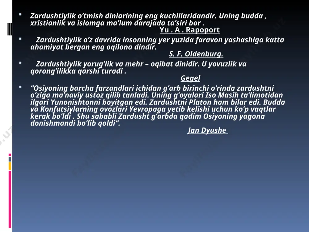 rasida faqat ezgulik, adolat, mardlik va poklik himoyachisi. ahuramazdaning 6 nafar eng yaqin yordamchilari : 1)vohu manax -- chorva mollari va ezgu fikr xudosi 2) asha vahihsta -- olov va yuksak haqiqat homiysi 3) xshatra varya -- ma’dan va hokimiyat, qudrat homiysi 4)sienta armati -- yer va diyonat homiysi 5) xarvatat -- suv va salomatlik (anahita -- hosildorlik va suv ilohi 6) ameretat -- o’simlik va mangulik homiysi . ahura- mazda bu yordamchilarini muqaddas ruh yordamida yaratgan ular ham ahura-mazda kabi abadiylar. ama – kuch –qudrat va bahodirlik ilohi. u aksariyat hollarda iloh bahromning nomi bilan baqamti qo’llaniladi va “mahluqlar sarasi , yaxshisi “ yoxud “”zabardast” sifatlari bilan ziynatlanadi. “bahrom yasht”da iloh bahrom novvos va ot jasadning oldida namoyon bo’ladi. shunda iloh ama novvos shohida va ot peshonasida ko’zga tashlanadi. ashah (asha)—to’g’rilik ma’nosini anglatib, amshosipandlardan biri ardabihisht. “avesto”da “ashah- vahiyshta “ nomining o’zidir. “ashah” hindiy va forsiy nusxalarida rostlik , …