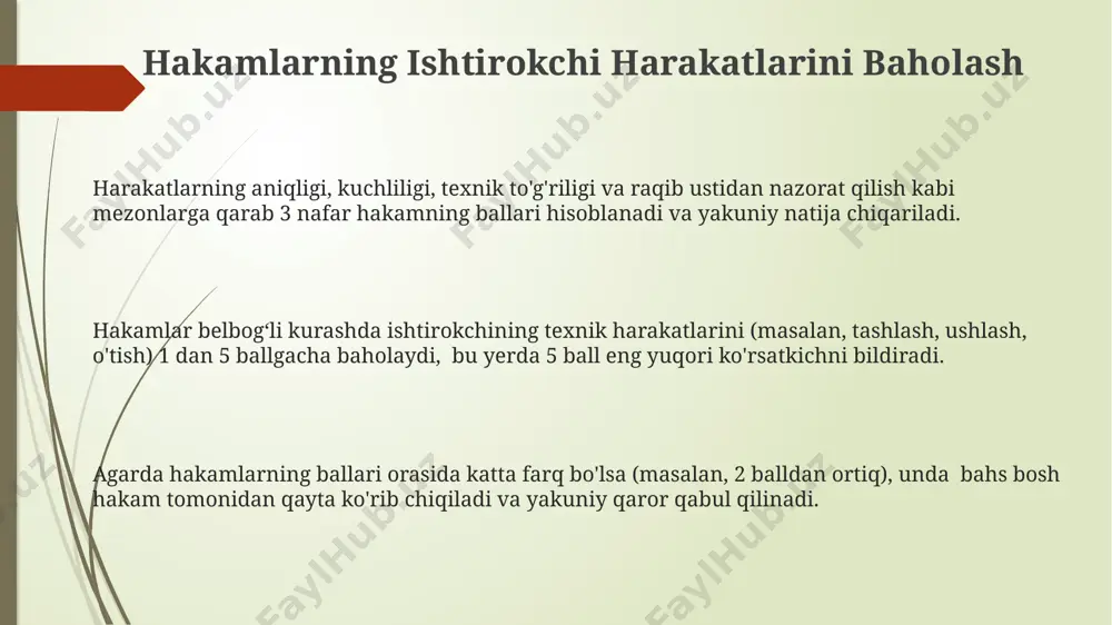 m yoki himoya taktikasini aniqlashda muhim rol o'ynaydi, bu esa hakamlar tomonidan 1-5 ball oralig'ida baholanadi. "orqaga chekinish" harakati, raqibning hujumini qaytarishda samaradorligi (0-3 ball) va zarba kuchiga (1-5 ball) qarab baholanadi. belbog'li kurashda signallarga umumiy nuqtai hakamlar jamoasi 3 nafar hakamdan iborat bo'lib, har bir hakamning ballarni qo'shishda o'ziga xos 5 balllik baholash tizimini qo'llaydi, bu esa yakuniy natijani aniqlashda muhim rol o'ynaydi. belbog'li kurashda 5 ta asosiy signal turlari mavjud: himoya, hujum, taslim bo'lish, hakamning ogohlantirishi va musobaqa tugashi signallari, ularning har biri aniq harakatlarni anglatadi. musobaqada ishtirok etuvchilar o'rtasidagi noqonuniy harakatlar, masalan, 2 martadan ortiq qoidalarni buzish, hakamlar tomonidan aniq signal yordamida darhol to'xtatiladi va tegishli jazolar qo'llaniladi. ko'z aloqasi va yuz ifodalari belbog'li kurashda hakamlar 1-3 soniya ichida sportchining ko'z aloqasi va yuz ifodalarini baholash orqali og'riq darajasini aniqlaydi. hakamlar, sportchining ko'z aloqasi va yuz ifodalarini kuzatish orqali, 10 balllik shkalada og'riq darajasini aniqlashda qo'shimcha 1-2 …
