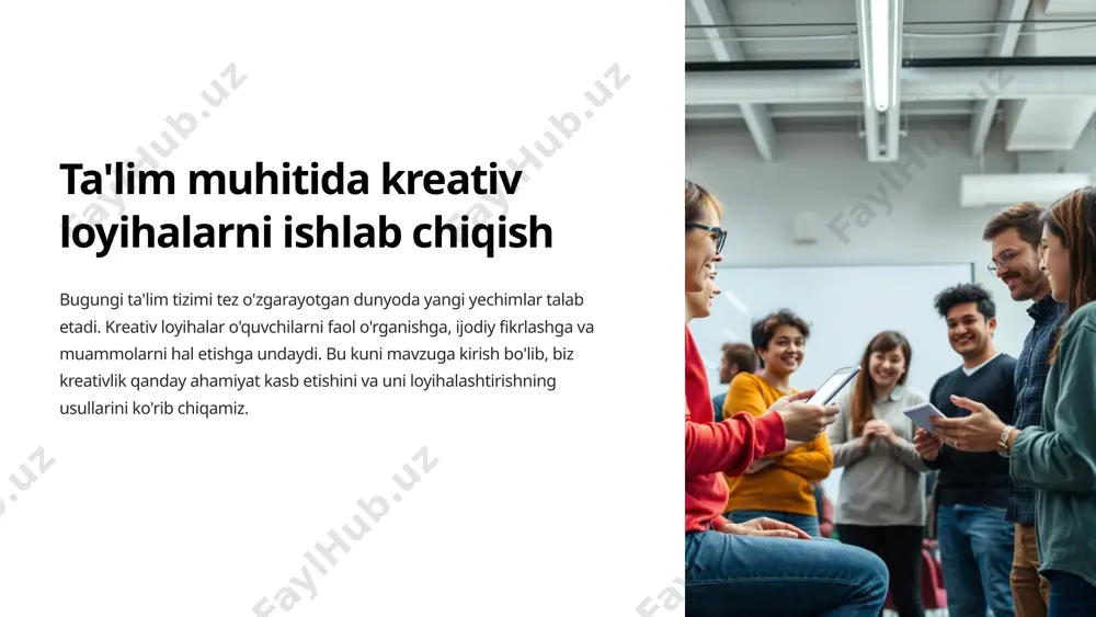 sh o'quvchilar bilan birgalikda aniq maqsadlar, vazifalar va harakatlar rejasini ishlab chiqing. 4 loyihani amalga oshirish ijodiy va innovatsion yondashuvlar bilan loyihani puxta amalga oshiring. 5 natijalarni baholash loyiha maqsadlariga erishish darajasini baholang va keyingi qadam bo'yicha tavsiyalar bering. 5 loyihalarda innovatsion yechimlarni qo'llash yangi fikrlar o'quvchilarni an'anaviy yondashuvlardan uzoqlashtirib, innovatsion g'oyalar ishlab chiqish uchun ruhlantirilganlar. hayotbaxsh texnologiyalar zamonaviy texnologiyalar va innovatsion vositalar loyihalardagi ijodkorlikni oshiradi. yechimlarni baholash kompyuter simulyatsiyasi va prototiplar yordamida yechimlarni baholash va takomillashtirish. amalga oshirish loyihalar amalga oshirilganda, o'quvchilar yangi usullar va qarorlarni qo'llab-quvvatlaydilar. 6 kreativ loyihalarni baholash va takomillashtirish aniq maqsadlar loyiha maqsadlarini aniq belgilab, o'quvchilar natijalarini samarali baholashadi. jarayonni kuzatish yakuniy natijadan tashqari, loyihani amalga oshirish jarayonini ham kuzatish zarur. qaytarish va takomillash loyihalar ustida qayta ishlash va takomillash uchun o'quvchilarga vaqt va imkoniyat bering. yetakchilik va hamkorlik o'quvchilarni jarayonga jalb etib, yetakchilik va hamkorlik ko'nikmalarini rivojlantirishga yordam bering. 7 kreativ loyihalarni boshqarish va …