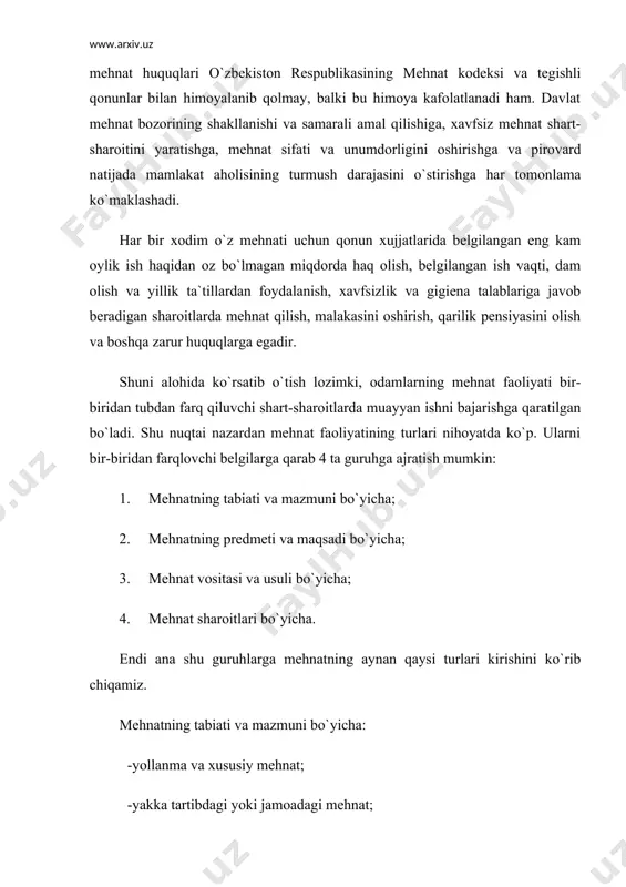 asiga kiradi. mehnat bozori va mehnat munosabatlari mehnat bozori bozor iqtisodiyotining muhim unsuri hisoblanadi. unda ishchi kuchini oldi-sotdi jarayoni sodir bo`lib, ishga yollanuvchilar bilan ishga yollovchilar uchrashib, o`zaro mehnat munosabatlariga kirishadilar. mehnat bozorida ishchi kuchiga bo`lgan talab bilan uning taklifi shakllanadi va tartibga solinadi. ishga yollanuvchilar bu bozorda o`z mehnatlarini sotuvga taklif etadilar, ishga oluvchilar esa o`ziga ma`qul bo`lgan mehnat turlarini sotib oladilar. shunday qilib, ishchi kuchini, aniqrog`i mehnatni, oldi-sotdi jarayoni sodir bo`ladi. mehnat bozorining samarali amal qilishi uchun, birinchidan, ishlab chiqarish vositalariga ega bo`lib, ular yordamida ishlab chiqarishni tashkil qilish yoki uni kengaytirish ishtiyoqidagi mulk egalarining mavjudligi zarur bo`lsa, ikkinchidan, ishlab chiqarish vositalariga ega bo`lmagan va ish bilan band bo`lmagan kishilarning mavjudligi zarur. ana shu ikki xil toifadagi odamlar mehnat bozorida asosiy sub`ektlar, bozor qatnashchilari hisoblanadi. ishlab chiqarish vositalarining egasi bozorda ishchining mehnatga layoqatidan foydalanish huquqini sotib oladi. u ishchiga ma`lum miqdorda pul to`lab, undan ishlab chiqarishda foydalanishi, butun …