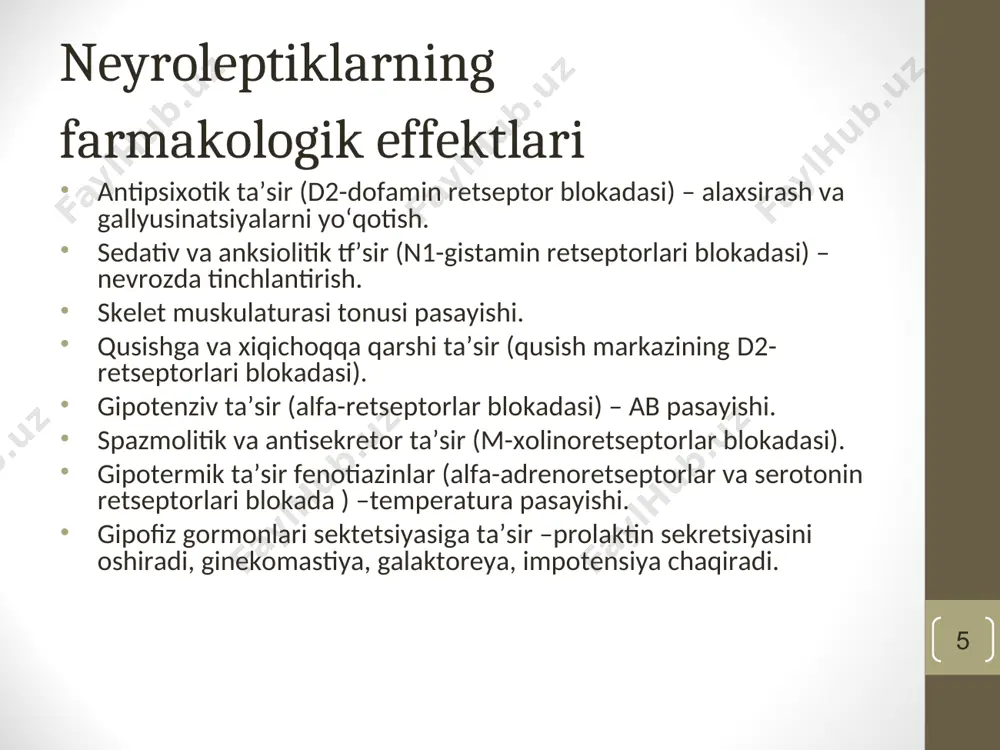 z psixostimulyasiya, stenokardiya xurujlarini bartaraf etadi, ta’sirchanlik, nevroz, gallyusinatsiyalar kofein –a1-adenozin retseptorlari blokatori psixostimulyasiya, ishtaxaning oshishi, asosiy almashinuv (ozish) va diurez, nafas markazini stimullaydi taxikardiya, aritmiya, uyqusizlik, psixik bog‘liqlik (teizm) * psixostimulyatorlar (psixoanaleptiklar) ko‘rsatma: asteniya, umumiy xolsizlik, charchash, ish qobiliyanini pasayishi, migren, nafas markazining tormozlanishi, atsidotest ko‘rinishida me’da sekretsiyasini tekshirish. qarshi qo‘rsatma: gipertoniya kasalligi, yurak ishemik kasalligi, nevrozlar, psixozlar, aritmiyalar, uyqusizlik, parkinsonizm, epilepsiya. * kofein tabiiy manbaalari: choy butasi barglari (1,5% kofein, teofillin izlari), kofe urug‘i( 2-2,5% kofein), shokolad daraxti urug‘i (2% teobromin, kofein izlari), list paragvay yalpiz choyi bargi (2% kofein), kola yong‘og‘i (2% kofein), brazil guaran butasi bargi (4-6% kofein). ta’sir mexanizmi –fosfodiesterazani ingibirlash va samf xamda sgmf miqdorini oshishi, a1- i a2-adenozin retseptorlari blokadasi. * kofeinning effektlari dofamin retseptorlarini stimulyasiyasi (psixostimulyasiya), mnsda xolinoretseptorlar stimulyasiyasi (aqliy faoliyatni aktivatsiyasi, nafas markazini stimulyasiyasi), tomir xarakatlantiruvchi markaz tonusini oshishi, to‘g‘ridan to‘g‘ri kardiostimullovchi ta’sir. * «qalbni davolamay turib tanani davolash mumkin emas» …
