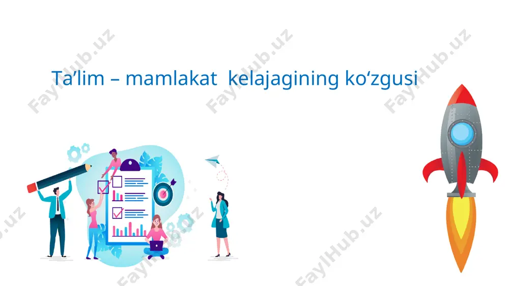 o fizika biologiya geografiya jarayon, buyurtma, qayta ishlash, dizaynidan boshlab g‘oyani ishlab chiqarishgacha matematika- barcha fanlar malikasi !!! stem + art = steаm stem chap miya yarim sharining funksiyalarini rivojlantiradi tanqidiy fikrlash “art” - o‘ng miya yarim sharining funksiyalarini rivojlantiradi ijodkorlik tasavvur, his- tuyg‘ular ijodkorlik va innovatsiyalarga tayyorlik tanqidiy fikrlash o‘zaro aloqa 1 2 3 5 tashabbus, harakatchanlik va moslashuvchanlik 4 bir vaqtning o‘zida bir nechta axborot oqimlarini tahlil qilish qobiliyati * * steam – ta’limining afzalliklari: 1.fanlar bo‘yicha emas, balki mavzular bo‘yicha integratsiyalashgan ta’lim. 2.haqiqiy hayotda ilmiy va texnik bilimlarni qo‘llash. 3.tanqidiy fikrlash ko‘nikmalarini rivojlantirish va muammolarni hal qilish. 4.o‘z kuchlariga ishonchni orttirish. 5.faol muloqot va jamoaviy ishni tashkillashtirish. 6.texnik fanlarga qiziqishni rivojlantirish. 7.loyihalarga ijodiy va innovatsion yondoshuvlarni amalga oshirish. 8.ta’lim va martaba o‘rtasidagi ko‘prik. 9.o‘quvchilarni hayotning texnologik yangiliklariga tayyorlash. 10. steam - maktab o‘quv dasturiga qo‘shimcha sifatida. steam texnologiyasining afzalligi o‘qish, eshitish hamda ko‘rish 65% 75% 90% 40% …