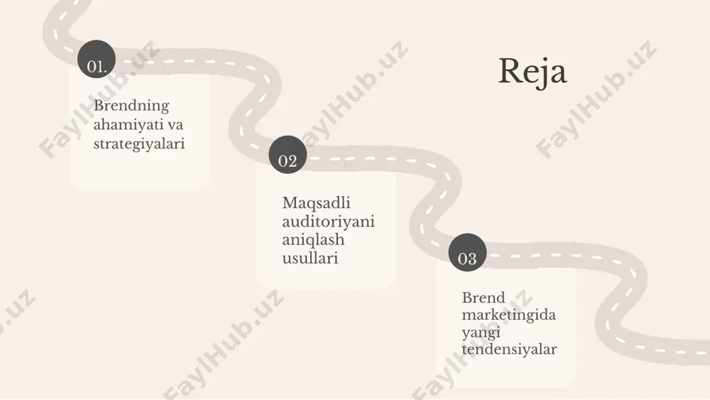 i apple o'zining innovatsion mahsulotlarini taqdim etishda eksklyuzivlik va dizaynni asosiy e'tiborida tutadi. coca-cola esa, o'zining reklama kampaniyalarida hissiyotlarni qo'lga olib, iste'molchilarning yodida qoladi. swot tahlili nike: kuchli brend imiji, lekin raqobatchilar ko'p. apple: innovatsion, lekin yuqori narxlar. coca-cola: global mavjudligi, ammo sog'lom ichimliklar bozoridagi raqobat kuchli. kelajakdagi tendensiyalar brend marketingida raqamli texnologiyalarning o'sishi va ijtimoiy tarmoqlardan foydalanish yanada muhim ahamiyatga ega bo'ladi. brendlar o'z mijozlari bilan yanada yaqin aloqada bo'lishga intilishadi va shaxsiylashtirilgan xizmatlarni taklif etishga harakat qiladilar. 02. 04. 01. 03. maqsadli auditoriyani aniqlashning ahamiyati auditoriyani aniqlash brend marketingida muhim rol o'ynaydi. bu jarayon brendning muvaffaqiyatini oshirish uchun zarur. maqsadli auditoriya brendning muvaffaqiyatini belgilaydi. to'g'ri auditoriyani aniqlash bilan brend o'zining bozor ulushini kengaytirishi mumkin. marketing strategiyalarini ishlab chiqishda auditoriya haqida to'g'ri ma'lumot zarur. bu ma'lumotlar brendning to'g'ri pozitsiyasini belgilashda yordam beradi. maqsadli auditoriyani aniqlash orqali brendning raqobatbardoshligini oshirish mumkin. masalan, muvaffaqiyatli brendlar o'z auditoriyalarini yaxshi bilishadi va ularga …