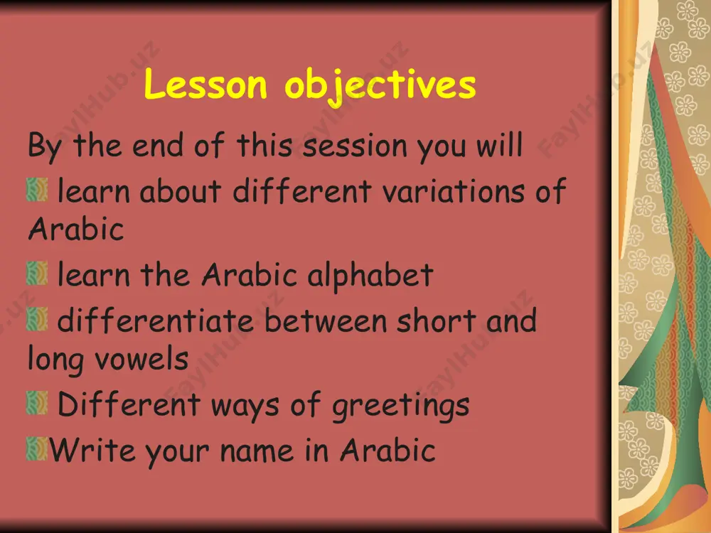 iterated arabic transliteration is a method used to convert a text from one script to another. thus, transliterated arabic is arabic written by using english or, more generally, latin alphabet. for example the word أهلا is transliterated as follows: ahlan arabic vowels there are two types of vowels in arabic: short vowels and long vowels. short vowels are little symbols or diacritics placed above or under a consonant. long vowels are written. short vowels بَ a َ بُ u ُ kasra بِ i ِ ba fatha damma bu bi practice find a letter equivalent to the english letter ‘t’ from the arabic alphabet. now write in the arabic script: ta tu ti have you written something similar to this? تَ تُ تِ ta tu ti long vowels بَ + ا = بَا baa بُ + و = بُو buu بِ + ي = بِي bii practice now take the same …