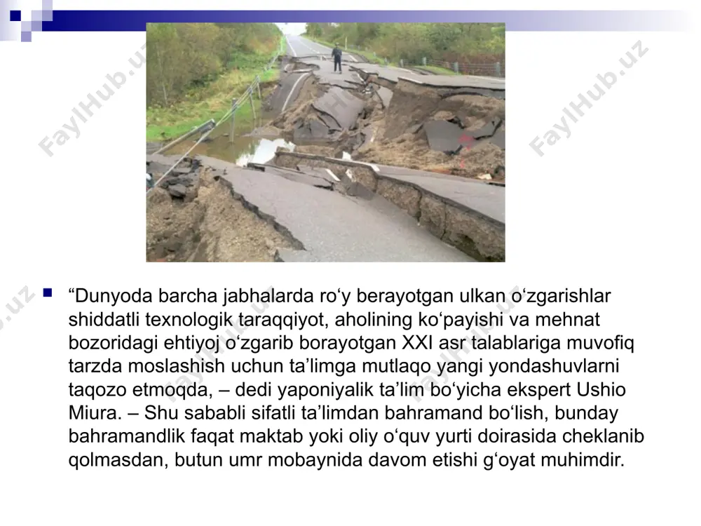 a olib kelishiga mumkin bo’lgan yoki olib kelgan avariya, halokat, xavfli tabiiy hodisa yoki boshqa tabiiy ofat natijasida muayyan hududda yuzaga kelgan vaziyat. aholini va hududlarni favqulotda vaziyatalardan muhofaza qilish favqulotda vaziyatlarning oldini olish va ularni bartaraf etish choralari, usullari, vositalari, tizimi, say-harakatlari majmui. favqulotda vaziyatlarning oldini olish, oldinda o’tkazilib, favqulotda vaziyatlar ro’y berishi, xavfini imkon qadar kamaytirishga, bunday vaziyatlar ro’y bergan taqdirda esa odamlar sog’lig’ini saqlash, atrof tabiiy muhitiga yetkaziladigan zarar va moddiy talofatlar miqdorini kamaytirishga qaratilgan tadbirlar kompleksi. favqulotda vaziyatlarni bartaraf etish-favqulotda vaziyatlar ro’y berganda o’tkazilib, odamlar hayoti va sog’lig’ini saqlash, atrof tabiiy muhitga yetkaziladigan zarar va moddiy talofatlar miqdorini kamaytirishga, shuningdek favqulotda vaziyatlar ro’y bergan zonalarni olib, xavfli omillar ta’sirini tugatishga qaratilgan avariya-qutqaruv ishlari va kechiktirib bo’lmaydigan boshqa ishlar kompleksi. aholi va hududlarni favqulotda vaziyatlardan muhofaza qilish sohasida qo’yilgan dadil qadamlardan biri-avval mudofaa vazirligi qoshida fuqaro mudofaasi va favqulotda vaziyatlar boshqarmasining, so’ngra esa, shu boshqarma negizida o’z.r …