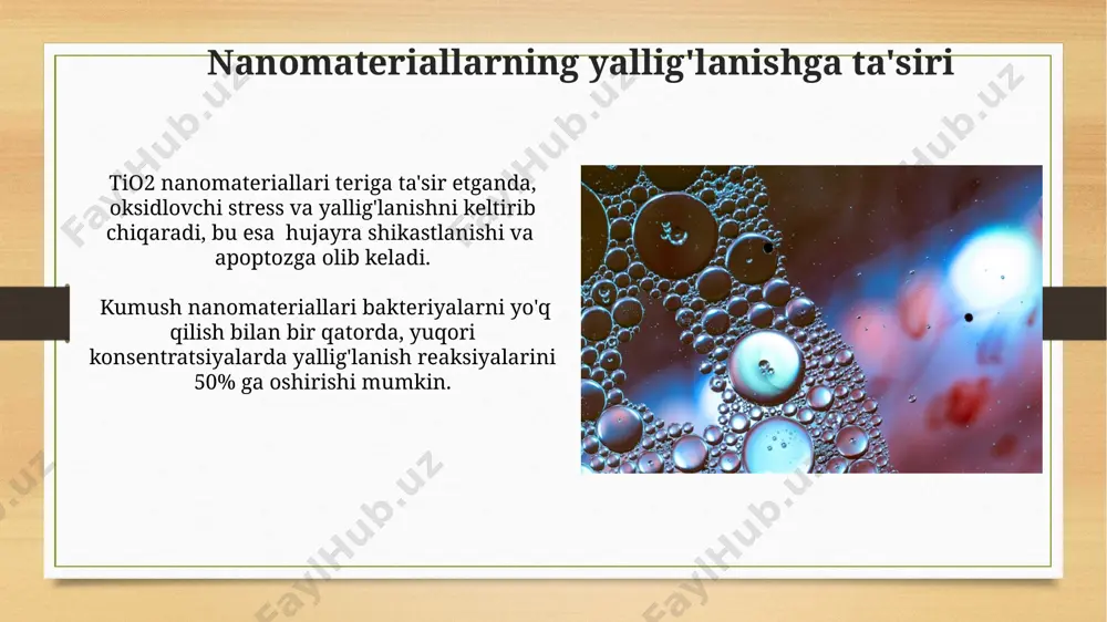 iallarning sirt zaryadi va gidrofobikligi hujayra membranasi bilan o'zaro ta'sirining kuchini va turini aniqlaydi; masalan, musbat zaryadli nanomateriallar membranaga kuchliroq birikadi. nanomateriallar toksikologiyasining in vivo va in vitro tadqiqotlari in vitro tadqiqotlar shuni ko'rsatdiki, 50 nm dan kichik o'lchamdagi nanozarrachalar hujayra membranasini osonlikcha kesib o'tib, sitotoksik ta'sir ko'rsatishi mumkin, bu esa hujayra o'limining 30% ga oshishiga olib keladi. nanokompozit materiallarni in vivo tekshirish natijalari shuni ko'rsatdiki, ularning 10% miqdoridagi kadmiy sulfidi qo'shilishi toksik ta'sirini 2 baravar kuchaytiradi va jigar shikastlanishining darajasini oshiradi. nanomateriallarning atrof muhitga ta'siri suv havzalariga tushadigan nanozarrachalar suv o'simliklari va hayvonlarining toksinlarga sezgirligi va o'limiga olib kelishi mumkin, bu esa 10-30% gacha biologik xilma-xillikni kamaytiradi. nanomateriallar tuproqdagi mikroorganizmlarga salbiy ta'sir ko'rsatib, ularning 20-50% gacha faolligini pasaytirishi mumkin, bu esa tuproq unumdorligining pasayishiga olib keladi. e'tiboringiz uchun rahmat @taqdimot_robot image7.jpg image8.jpg image9.jpg image10.jpg image11.jpg image12.jpg image13.jpg image14.jpg image15.jpg image16.jpg image17.jpg image18.jpg image3.png image4.png