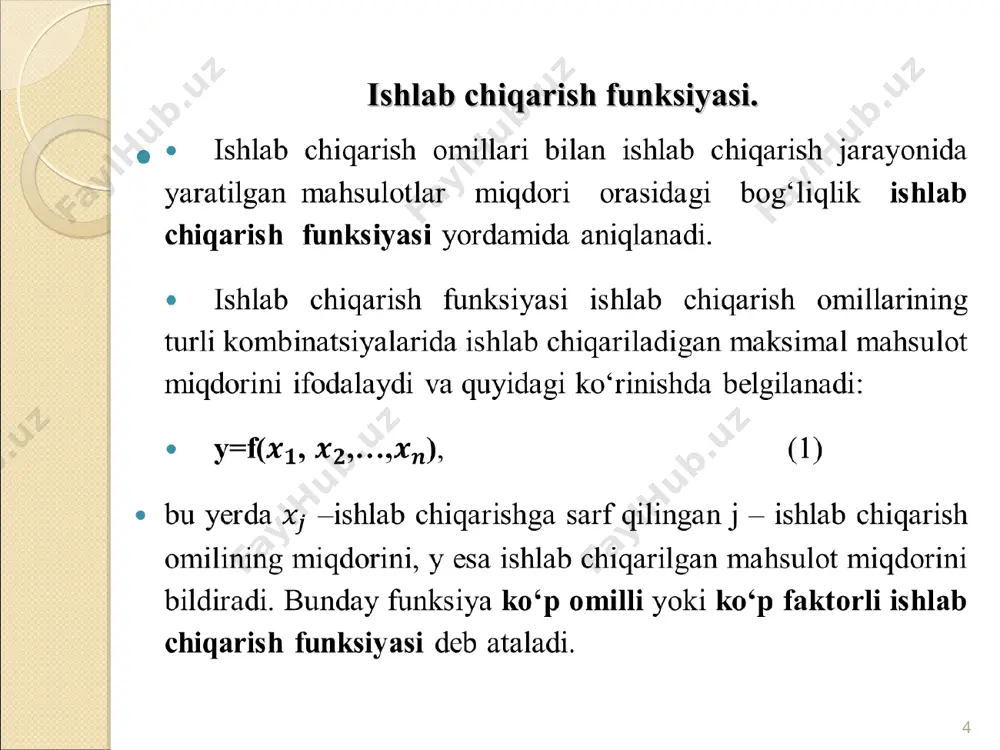 salasini grafik usulda yechilishini ko‘rib chiqamiz. * l – mehnat е nuqta uchun quyidagi tenglik o‘rinli bo‘ladi : kapital k q3 q2 e k q1 c -w/r l unknown-0.unknown unknown-1.unknown unknown-2.unknown ), , , ( m l k f q = ). , ( l k f q = f q ap = l q mp l d d = l k mrts d d - = 3 2 = mrts 3 1 = mrts k r l w c × + × = k r l w c × + × = k l mp mp l k mrts = d d - = r w mp mp k l = r mp w mp k l =