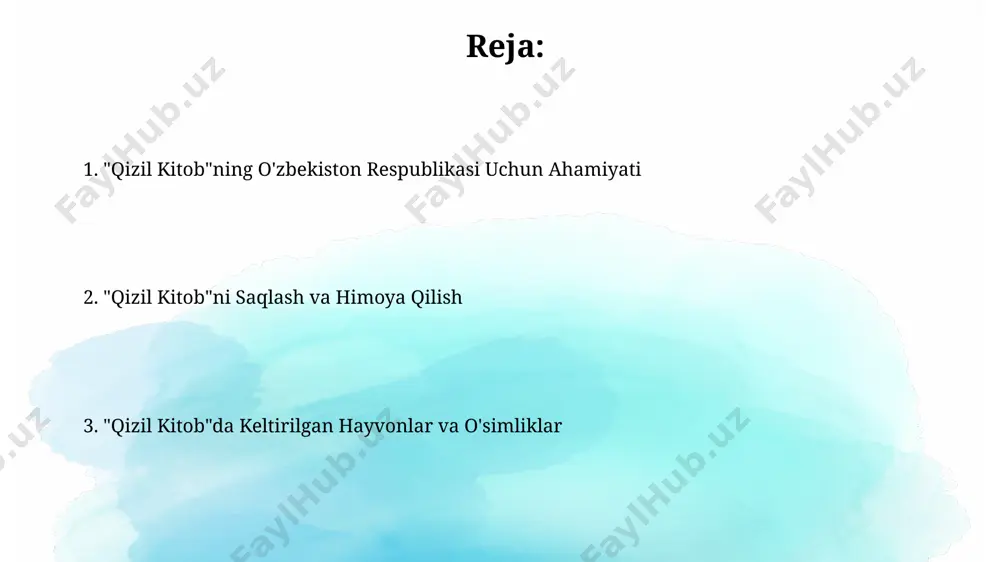 ishini nazorat qilish va qimmatli biologik resurslarning yo‘q bo‘lib ketishining oldini olishdan iborat edi. keyingi nashrlarda, ya’ni 2000 va 2017-yillardagi yangilanishlarda 150 dan ortiq yangi tur qo‘shilgan bo‘lib, bu o‘zbekistonning bioxilma-xilligini saqlashdagi kengaytirilgan yondashuvini aks ettiradi. "qizil kitob"ga kiritilgan turlar roʻyxati “qizil kitob”ga 200 dan ortiq oʻsimlik va 100 dan ziyod hayvon turlari, jumladan, turli xil endemik va noyob turlar kiritilgan. qizil kitobda keltirilgan baʼzi turlar iucn qizil roʻyxatida ham tahdid ostida yoki yoʻqolib ketish xavfi ostida boʻlgan kategoriyalariga kiradi. kelajak avlod uchun tabiatni asrash “kelajak avlod uchun tabiatni asrash” strategiyasi iqtisodiyotning barcha tarmoqlarida energiya samaradorligini oshirishga, ya’ni kamida 25% ga kamaytirishga qaratilgan tadbirlarni amalga oshirishni nazarda tutadi. “kelajak avlod uchun tabiatni asrash” hujjati oʻzbekiston respublikasining ekologik siyosatining muhim tarkibiy qismini tashkil etib, 20 dan ortiq muhim ekologik dasturlarni oʻz ichiga oladi. oʻsimliklar dunyosining xilma-xilligi va muhofazasi qoʻriqxonalar va milliy bogʻlar tarmogʻining kengaytirilishi orqali 20% dan ortiq hududning oʻsimlik dunyosini …