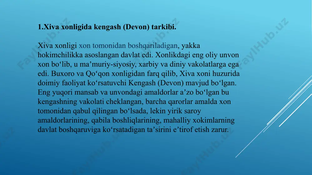 aʼlam, shayx ul-mashoyixlar ishini nazorat qilgan, xudoychi - xonga beriladigan ariza va shikoyatlarga masʼul shaxs, tunkator - xon qarorgoxni tungi posbon, noib - sarbozlar boshligʻi, otaliq, dodxoh mextarboshi, sharbatdor, dasturxonchi, xazinachi, maxramboshi, eshikogʻasi, ponsadboshi, tuqsabo, devonbegi, mirza boshi, sarkar, miroxurboshi, yuzboshi, bakovulboshi, daxboshi. bu mansablardan tanqari yana bir kancha maʼmuriy, harbiy va diniy mansablar mavjud edi. xiva xonligida xonlik hujjatlari manbalarning guvohlik berishicha, xon saroyida muhim ishlarni koʻrib chiqadigan kengash toʻzilgan boʻlib, unga mingboshi boshchilik qilgan. aʼzolari dasturxonchi, risolachi va yana baʼzi muhim amaldorlar boʻlgan. davlatni boshqarishda bu kengashning ham oʻrni katta edi. saroy amaldorlari ichida mingboshi (bosh vazir) va amiri lashkar (harbiy vazir), kushbegi - xon maslahatchisi yoki viloyat hokimi, parvonachi (xon maslahatchisi), - shigovul (vaziri ilmiya), xudoychi, tunkdtor, noib (sarbozlar boshligi) kabi yuqori lavozimlar faoliyat yuritgan. maʼmuriy jihatdan xonlik bekliklarga bulinib, ularni qushbegi mansabida turgan odam boshqargan. xiva xonligi bayrogi image1.jpg image2.jpg image3.jpg image4.jpg image5.jpg image6.jpg image7.png image8.jpg …