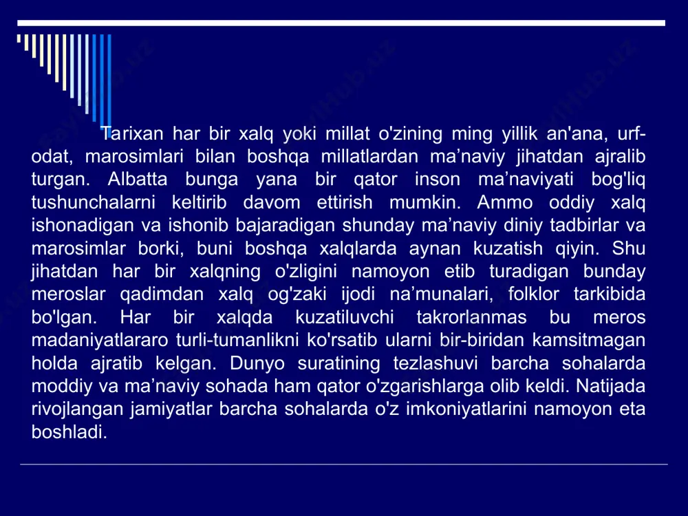 i boshqa millatlardan ajratib turuvchi, o'zligini namoyon etuvchi eng noyob qadriyatlarini asrash, targ'ib etish va avloddan-avlodga o'tkazish bo'yicha yangi jarayon boshlandi yunesko bosh konferensiyasining 2003-yil 17-oktyabrdagi 32-sessiyada “nomoddiy madaniy merosni muhofaza qilish” konvensiyasi qabul qilindi. yurtimizda mazkur konvensiya 2007-yilda ratifikatsiya qilindi. ratifikatsiya hujjatlari taqdim etilgandan keyin, ya’ni 2008-yil 29-apreldan boshlab o'zbekiston respublikasi ushbu konvensiyaning ishtirokchi-davlatiga aylandi. bevosita nmm tushunchasiga to'xtaladigan bo'lsak, "nomoddiy madaniy meros" urf-odatlarni, o'ziga xoslikni ifodalash shakllari, bilimlar va ko'nikmalarni, shuningdek ular bilan bog'liq jihozlar, predmetlar, artefaktlar va madaniy makonlarni aks ettiradi, ular esa o'z navbatida hamjamiyatlar, guruhlar, alohida holatlarda esa muayyan shaxs madaniy merosining bir qismi sifatida tan olinganligini anglatadi "nomoddiy madaniy meros" urf-odatlarni, o'ziga xoslikni ifodalash shakllari, bilimlar va ko'nikmalarni, shuningdek ular bilan bog'liq jihozlar, predmetlar, artefaktlar va madaniy makonlarni aks ettiradi, ular esa o'z navbatida hamjamiyatlar, guruhlar, alohida holatlarda esa muayyan shaxs madaniy merosining bir qismi sifatida tan olinganligini anglatadi. * hozirgi kunda mamlakatimizdagi nmmning …
