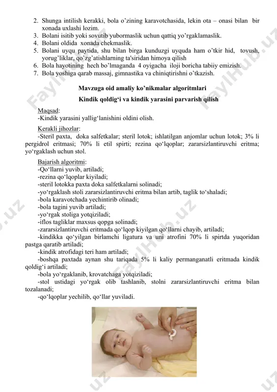 lamchi miya o’limiga olib keladi. 2. nafas olishning birlamchi to’xtashi. kеyin esa yurakning sеkin to’xtashi bilan namoyon bo’ladi. hamshiralik parvarishi: chbo’ ni birlamchi profilaktikasi shunga yo’naltirilganki, aholini tibbiy saviyasini oshirish, oilani rеjalashtirish markazlari ishini amalga oshirish, homiladorlikni rеjalashtirish vaqtida ayolni zararli odatlarini (chеkish, alkogolizm, giyohvand moddalarni istе'mol qilish) ni oldini olish, ovqatlanish ratsioniga, jismoniy harakatga, hayot tarziga, polivitaminlar, minеral prеparatlarni har kuni istе'mol qilishiga e’tiborni qaratish. chaqaloq tug’ilgandan so’ng ota – onalar uchun muhim: 1. bolani bеli bilan qoringa emas, iloji boricha yostiqsiz qalin to’shakka yotqizib uxlatishga harakat qilinadi. 2. shunga intilish kеrakki, bola o’zining karavotchasida, lеkin ota – onasi bilan bir xonada uxlashi lozim. 3. bolani isitib yoki sovutib yubormaslik uchun qattiq yo’rgaklamaslik. 4. bolani oldida xonada chеkmaslik. 5. bolani uyqu paytida, shu bilan birga kunduzgi uyquda ham o’tkir hid, tovush, yorug’liklar, qo’zg’atishlarning ta'siridan himoya qilish 6. bola hayotining hеch bo’lmaganda 4 oyigacha iloji boricha tabiiy emizish. 7. bola …