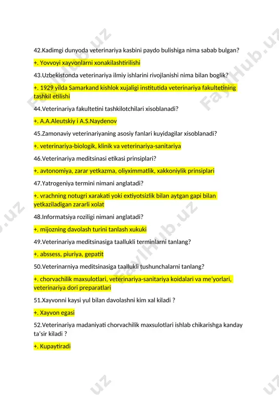 ini kayta ishlovchi korxonalar, bozorlar 67.vsel larning asosiy vazifalari? +. ozik-ovkat maxsulotlarning xavfsizligi va sifatini ta’minlash 68.veterinariya fanining yangi yunalishlari? +. veterinariya immunologiyasi, genetikasi, leykozologiya va onkologiya, gnotobiologiya. 69.parazitizm-bu nima? +. bitta organizm ikkinchi organizmni yashash va oziklanish uchun foydalanishi xisobiga kun kechirishi 70.bilim olish huquqi haqida ta’lim to‘g‘risidagi qonunning nechinchi moddasida ko‘rsatiligan? +. 4 moddasi 71.davlat ta’lim standarti haqida ta’lim to‘g‘risidagi qonunning nechinchi moddasida ko‘rsatiligan? +. 7 moddasi 72.ta’lim berish tili haqida ta’lim to‘g‘risidagi qonunning nechinchi moddasida ko‘rsatiligan? +. 8 moddasi 73.ta’lim turlari haqida ta’lim to‘g‘risidagi qonunning nechinchi moddasida ko‘rsatiligan? +. 10 moddasi 74.oliy ta’lim haqida ta’lim to‘g‘risidagi qonunning nechinchi moddasida ko‘rsatiligan? +. 14 moddasi 75.oliy ta’lim bosqichlarini ko‘rsating? +. bakalavriat, magistratura 76.oliy ta’limning bakalavriat bosqichi necha yilni tashkil qiladi? +. 4-6 yil 77.oliy ta’limning magistratura bosqichi necha yilni tashkil qiladi? +. 2-3 yil 78.oliy ta’limdan keyingi ta’limda kimlar o‘qishi mumkin? +. magistr diplomiga ega mutaxassis 79.ta’lim oluvchilarni ijtimoiy …