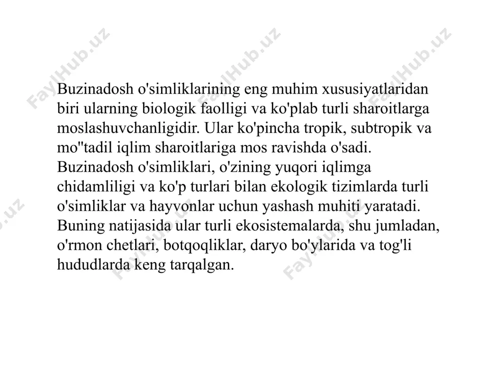 h, yallig‘lanishlarni bartaraf etish, va uyquni yaxshilashda ishlatiladi. bundan tashqari, o‘simliklarning po‘stidan tayyorlangan qaynatmalar va infuziyalar yallig‘lanishga qarshi va asab tizimini tinchlantiruvchi vosita sifatida ishlatiladi. 2.3 buzinadoshlar oilasi ilmiy tadqiqtlar tahlili va muhofaza holati buzinadoshlar (adoxaceae) oilasi, o‘simliklarning shifobaxsh, oziq-ovqat va ekotizimlarga ta'siri bilan ilmiy tadqiqotlar ob'ekti sifatida keng o‘rganilmoqda. ularning ekologik roli, tibbiy xususiyatlari va ishlatilishi borasidagi ilmiy tadqiqotlar davom etmoqda, shuningdek, bu oilaga mansub o‘simliklar muhofaza qilishni talab qiladigan holatlarga ega bo‘lishi mumkin. ilmiy tadqiqotlar tahlili: buzinadoshlar oilasi vakillarining ekologik va tibbiy xususiyatlarini ilmiy tadqiqotlarda chuqur o‘rganish so‘nggi yillarda sezilarli darajada o‘sdi. tadqiqotchilar bu o‘simliklarning kimyoviy tarkibi, shifobaxsh ta'siri va o‘zaro ekologik munosabatlarini tahlil qilishmoqda. kimyoviy tahlillar: buzina oilasining o‘simliklari tarkibida flavonoidlar, taninlar, organik kislotalar va saponinlar kabi faol moddalar mavjud. ular yallig‘lanishga qarshi, antibakterial va antiviral xususiyatlarga ega. xulosa. buzinadoshlar oilasi — biologik xilma-xilligi, ekologik ahamiyati, shifobaxsh xususiyatlari va xalq tabobatida qo‘llanilishi bilan muhim botanik guruhlardan biridir. …