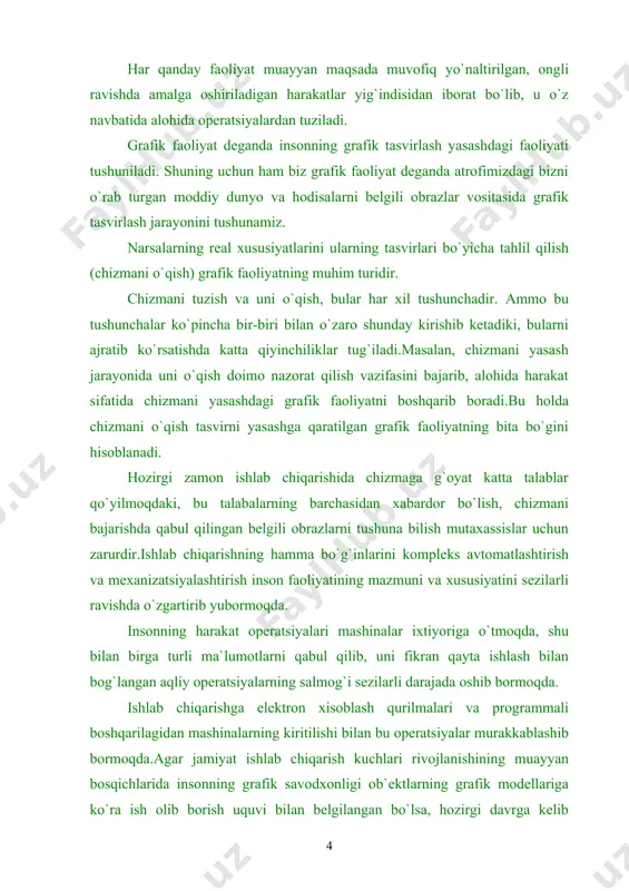tarbiyaviy ta`sirini ham o`rganish lozim.yangi dastur loyihasiga yozilgan ma`lumotnomada chizmachilik kursining mazmuni va g`oyasi o`quvchilarda dialektik-materialistik dunyoqarashni tarbiyalashga yordam berishi kerakligi ta`kidlab o`tilishi o`quv predmetining tarbiyaviy rolini yanada yuqoriroq saviyaga ko`tarishni taqozo etadi. afsuski, ko`pchilik o`qituvchilarimiz bu imkoniyatlardan to`la foydalana olmaydilar. chizmachilik darslarida tarbiyaviy ishlarning muvaffaqiyati ko`p jihatdan o`qituvchining siyosiy-g`oyaviy tayyorgarligiga, maktab oldiga jamiyat tomonidan qo`yilgan eng muhim masalalarni tushuna bilishga bog`liq. ta`lim jarayoni tarbiyasiz bo`lganidek, yomon ta`lim-tarbiya o`quvchini salbiy tomonga etaklaydi. chizmachilik o`qituvchilari kelajak jamiyat kishilarini tarbiyalashdek muhim ishga o`z hissalarini qo`shmoqlari darkor. bu qo`shiladigan hissani to`laqonli bo`lishi uchun chizmachilik o`qitish jarayonidagi tarbiyaviy ishlarning maqsad va vazifalarini aniq va ravshan tushunmoq zarur. shunga qaramay, hozirgi vaqtga qadar chizmachilik darslarida tarbiyaviy ishlarga oid bironta tadqiqot yosh tavsiya respublikamizda mavjud emas. bu, ayniqsa yosh o`qituvchilarga muayyan qiyinchilik tug`diradi. o`qituvchi ta`lim berish vazifalarini bajarish bilan birga o`quvchilarga juda katta tarbiyaviy ta`sir ham ko`rsatadi. biroq, ta`limning o`quvchiga tarbiyaviy ta`sir ko`rsatishi o`qituvchining ma`naviy qiyofasiga …