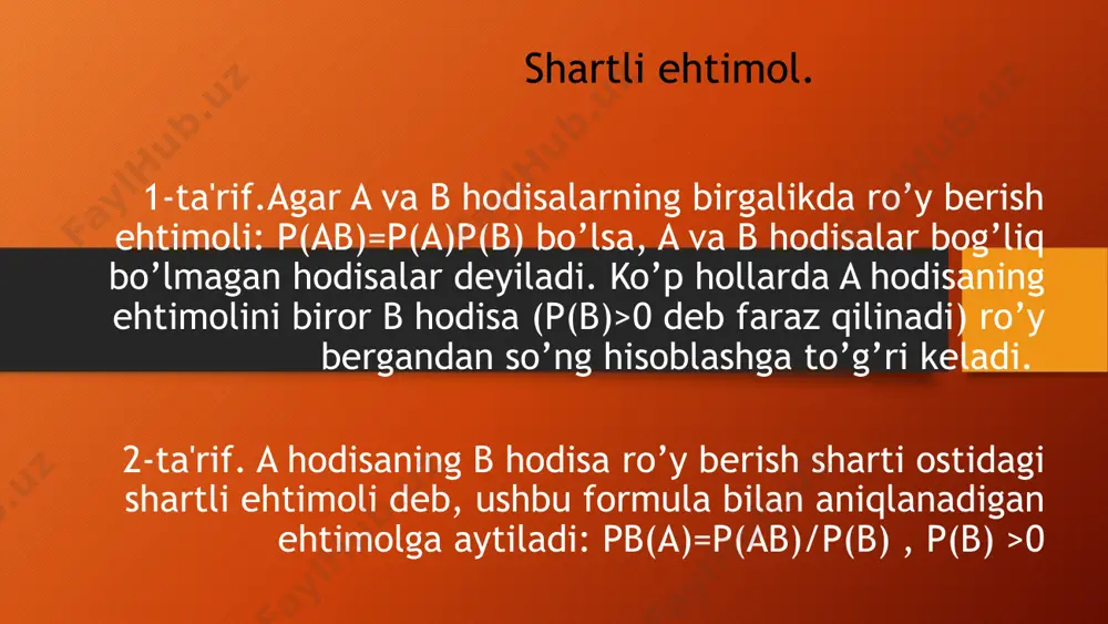 at qismining o’rtacha 1/3 bo’lagi statistik kuzatishlarda noto’g’ri ko’rsatiladi. uzatilayotgan signallar ichida 5:3 nisbatda «nuqta» va «tirе» signallari uchraydi. uzatilayotgan signallar qabul qilinganligi ma'lum. uning a) «nuqta» signali qabul qilingan. b) «tirе» signali qabul qilinganligining ehtimoli topilsin. this presentation uses a free template provided by fppt.com www.free-power-point-templates.com yechim a-«nuqta» signali qabul qilinganlik hodisasi. b- «tirе» signali qabul qilingalik hodisasi bo’lsin. h1-uzatilgan signal «nuqta» va h2-uzatilgan signal «tirе»dan iborat ikkita gipotеza bo’lib, shartga ko’ra p(h1):p(h2)=5:3 va p(h1)+p(h2)=1. bulardan p(h1)=5/8; p(h2)=3/8 masalaning shartiga ko’ra : ph1(a)=3/5; ph1(b)=2/5; ph2(a)=1/3; ph2(b)=2/3; a va b hodisalarning ehtimollarini, to’la ehtimollik formulasiga ko’ra topamiz: p(a)=p(h1) ph1(a)+ p(h2)ph2(a)= p(b)=p(h1) ph1(b)+ p(h2)ph2(b)= izlanayotgan ehtimollar: a) pa(h1)=p(h1)ph1(a)/p(a)= b) pb(h2)=p(h2)ph2(b)/p(b)= 3 this presentation uses a free template provided by fppt.com www.free-power-point-templates.com bayes teoremasi bayes teoremasi - bu ehtimollik va statistikada shartli ehtimollikni hisoblashda ishlatiladigan matematik tenglama. boshqacha qilib aytganda, u boshqa voqea bilan bog'liqligi asosida hodisaning ehtimolligini hisoblash uchun ishlatiladi. teorema …