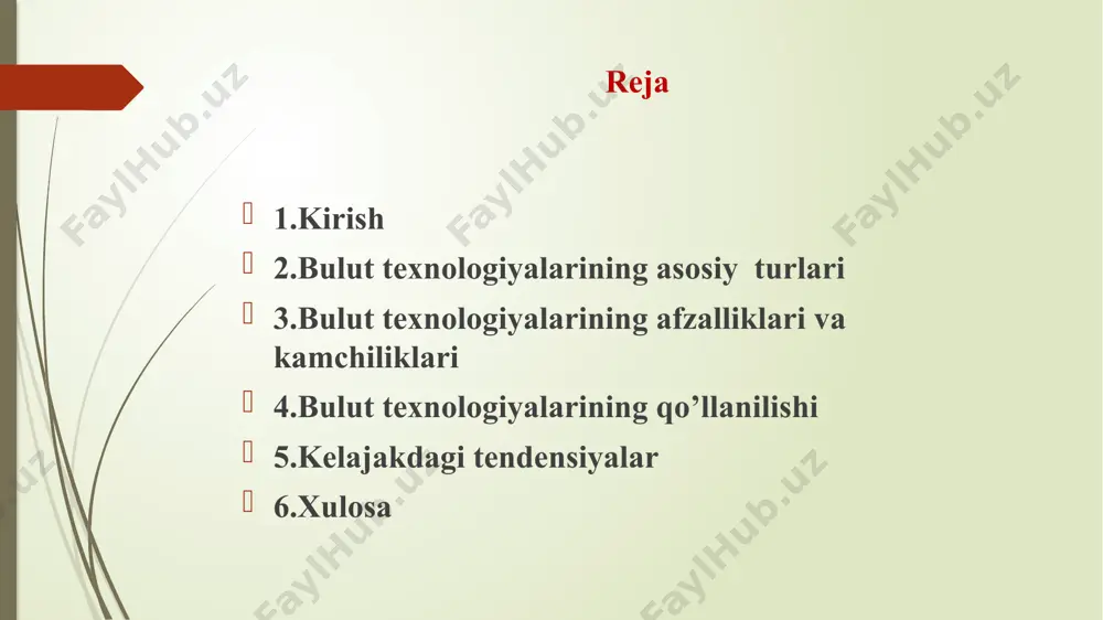 alarini taqdim etadi. bulut texnologiyalarining kamchiliklari: xavfsizlik muammolari: ma’lumotlarning xavfsizligi va maxfiyligi doimo birinchi o’rinda turadi.bulut provayderlarining xavfsizlik choralari muhim ahamiyatga ega. internetga bog’liqlik: bulut xizmatlari faqat internet orqali ishlaydi ,bu esa internet aloqasining barqarorligini talab qiladi. ma’lumotlarni boshqarish: ma’lumotlar bulutda saqlanganda,ularni boshqarish va nazorat qilish qiyinlashishi mumkin. bulut texnologiyalarining qo’llanilishi korxonalar: bulut xizmatalari korxonalar uchun tez va qulay yechimlar taqdim etadi,masalan,crm yoki erp tizimlari. ta’lim: ta’lim muassasalari onlayn ta’lim platformalaridan foydalanmoqda,masalan,moodle yoki google classroom. kichik bizneslar: kichik korxonalar bulut xizmatlaridan foydalanib,o’z resurslarini samarali boshqarishlari mumkin. kelajakdagi tendensiyalar sun’iy intellekt: bulut texnologiyalari sun’iy intellekt va mashinani o’rganish modellari uchun muhim platforma bo’ladi. katta ma’lumotlar(big data): bulutda katta hajmdagi ma’lumotlarni tahlil qilish imkoniyatlari kengayadi. hibrid bulut yechimlari: korxonalar o’z maxfiy ma’lumotlarini saqlash uchun hybrid yechimlardan foydalanmoqda,bu esa xavfsizlikni oshiradi. xulosa bulut texnologiyalari zamonaviy it infratuzilmasining ajralmas qismiga aylandi.ular xarajatlarni kamaytirish , resurslarni samarali boshqarish va tezkor kengaytirish imkoniyatlarini taqdim etadi.bulut xizmatlari,laas,paas …
