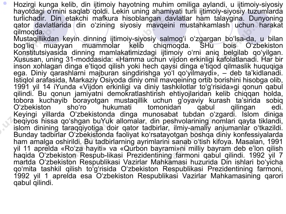 izda 130 dan ortiq millat va elatlarning vakillari istiqomat qilmoqda. agar 1990 yilda respublikamizda 119 ta diniy tashkilot, 2 ta diniy o‘kuv yurti mavjud bo‘lgan bo‘lsa, hozirgi kunda respublikamizda 16 diniy konfessiyaga mansub 2 238 diniy tashkilot faoliyat olib bormoqda. ulardan 2064 tasi islomiy, 157 tasi xristian, 8 tasi yahudiy, 6 tasi bahoiy jamoalari, bittadan krishnani anglash jamiyati va budda ibodatxonasidir. tabiiyki, millatlararo totuvlik va hamjihatlikni ta’minlash demokratik davlat sharoitida nafaqat davlat siyosatining izchil va kuchli bo‘lishini, balki, avvalo, diniy konfessiyalar o‘rtasida o‘zaro hurmat va do‘stona munosabatlar qaror topishini, eng asosiysi, har bir fuqaroning din, diniy mazhablar, dinning tarixi va hozirgi hayotda tutgan o‘rni haqida ilmiy tasavvur va tushunchalarga ega bo‘lishini talab qiladi. aynan shunday ehtiyojlar dinshunoslikning ijtimoiy mavqeini va hozirgi ahamiyatini belgilaydi. din – o‘ta murakkab ijtimoiy hodisa. u o‘ziga xos tarkibga ega bo‘lib, kishilik jamiyatining uzoq davom etgan ijtimoiy-tarixiy taraqqiyoti hosilasidir. din kishilarning g‘ayritabiiy kuchlarning mavjudligiga ishonishdan yuzaga …